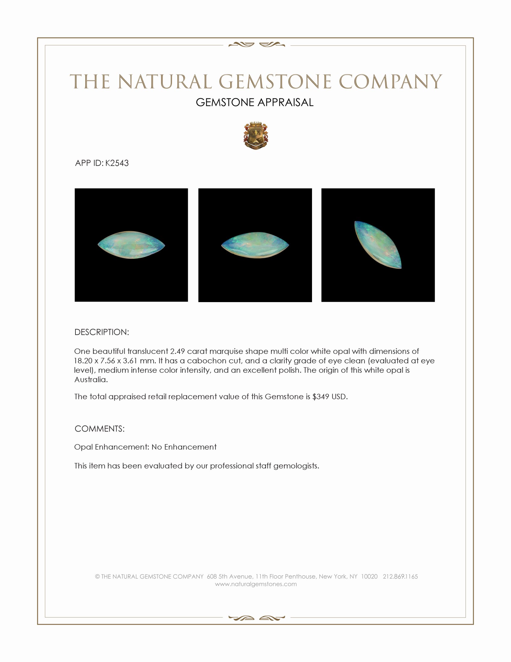 2.49 Ct. Cabochon White Opal from Australia