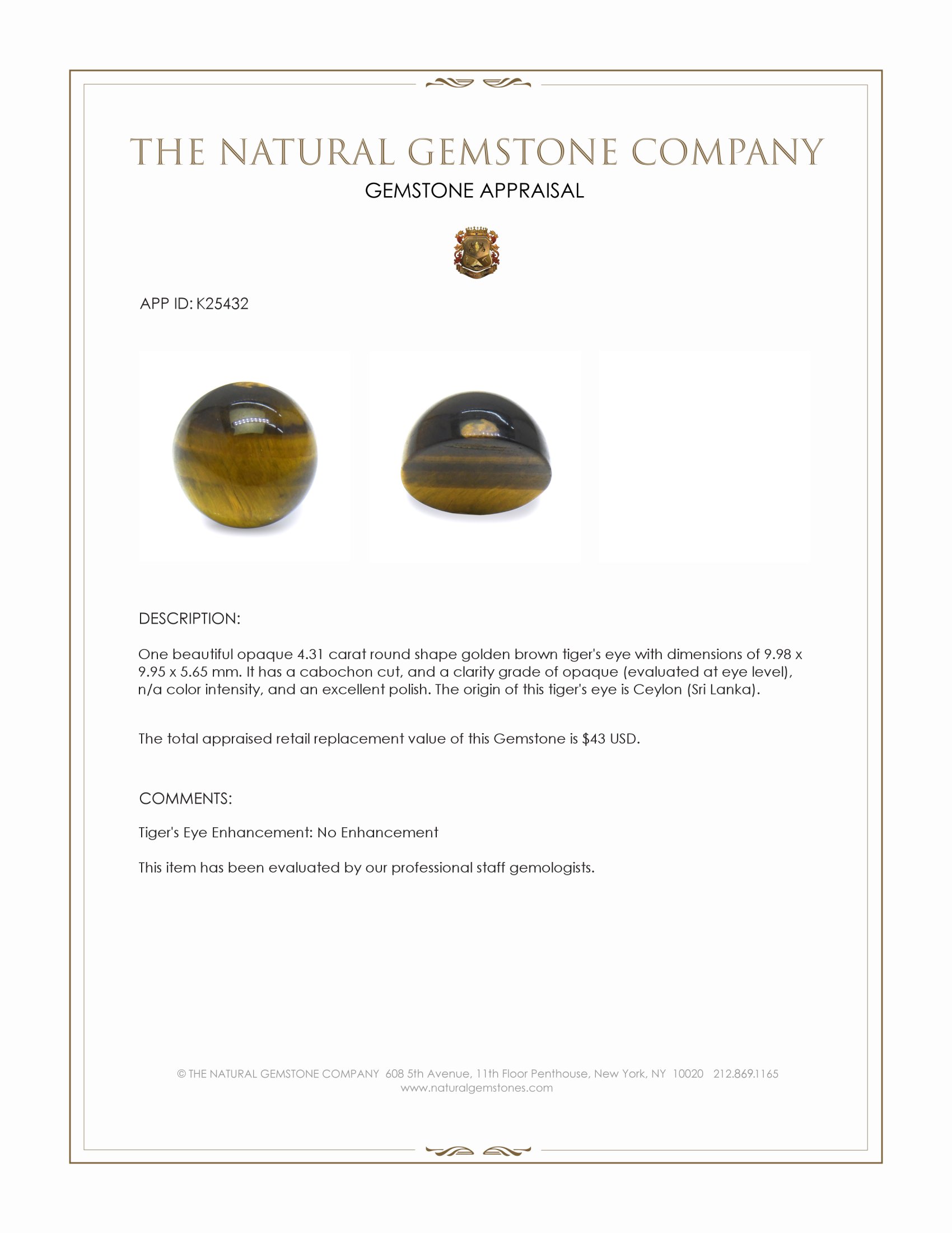 4.31 Ct. Cabochon Tiger's Eye from Ceylon (Sri Lanka)
