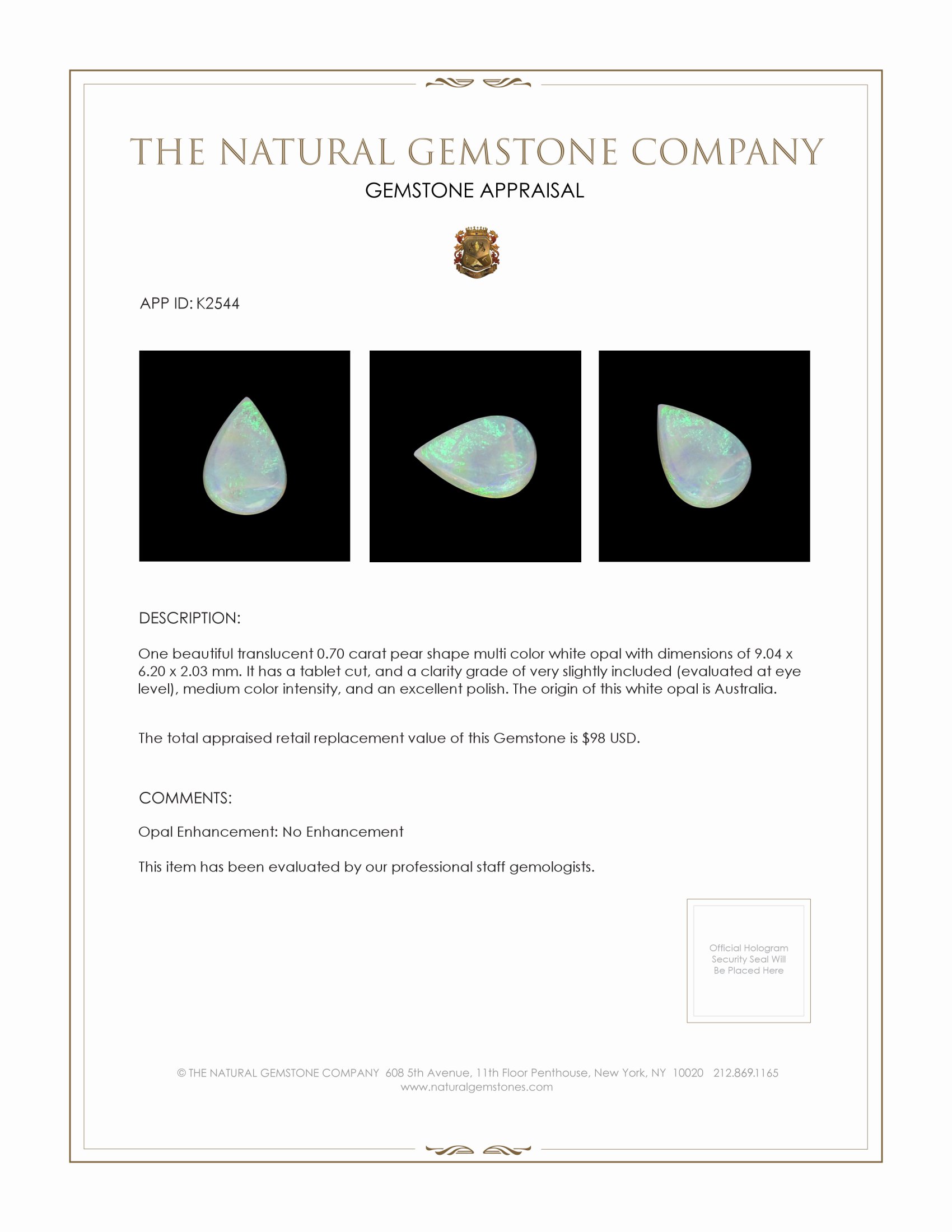 0.70 Ct. White Opal from Australia