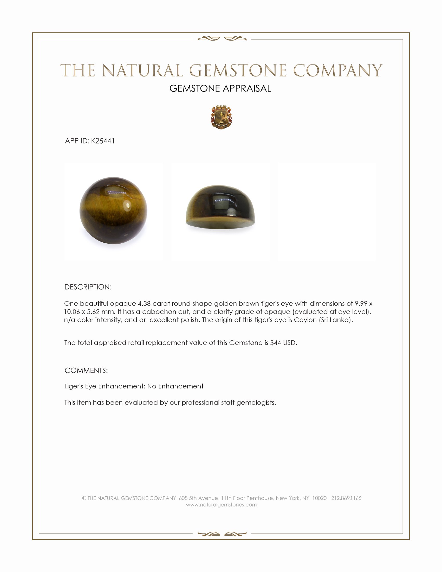 4.38 Ct. Cabochon Tiger's Eye from Ceylon (Sri Lanka)