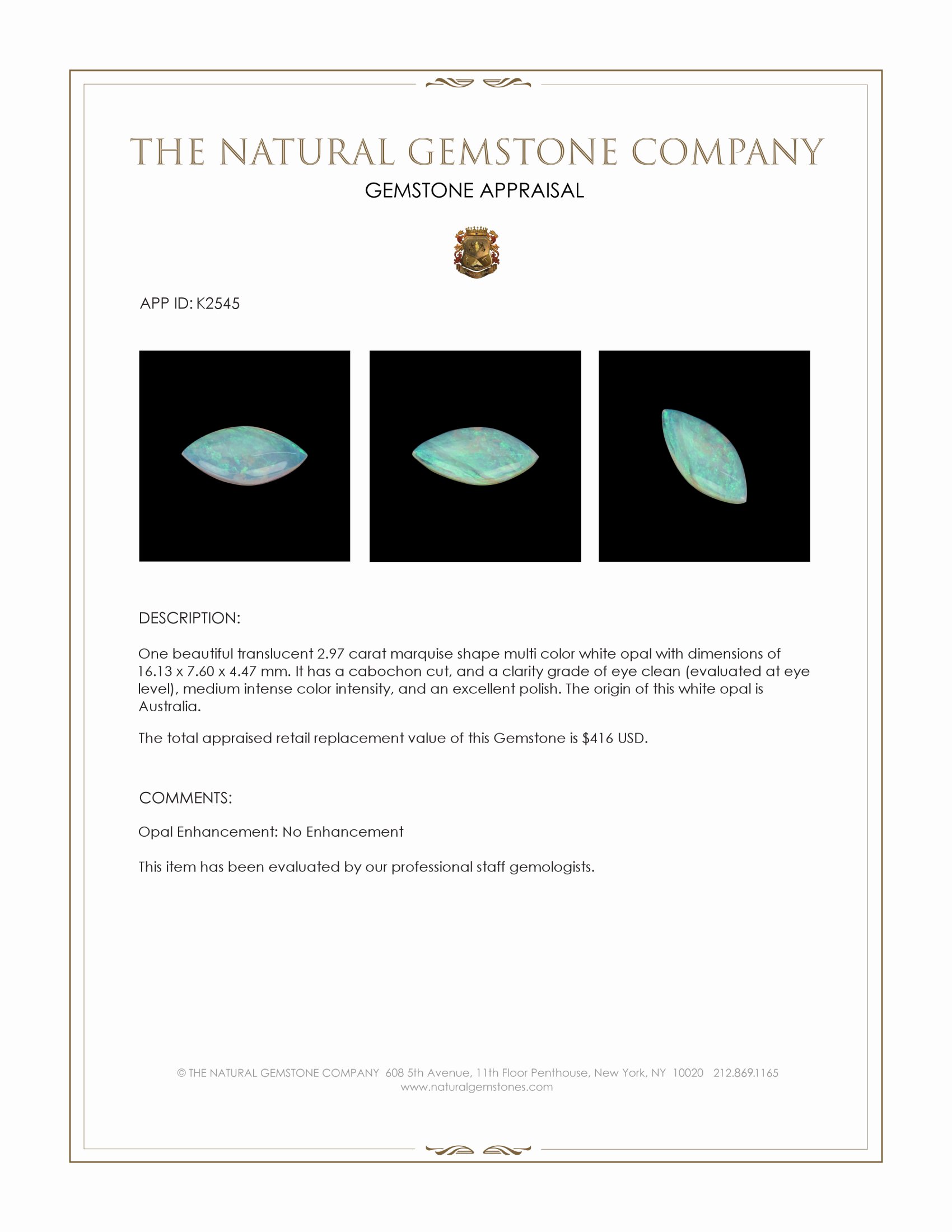 2.97 Ct. Cabochon White Opal from Australia