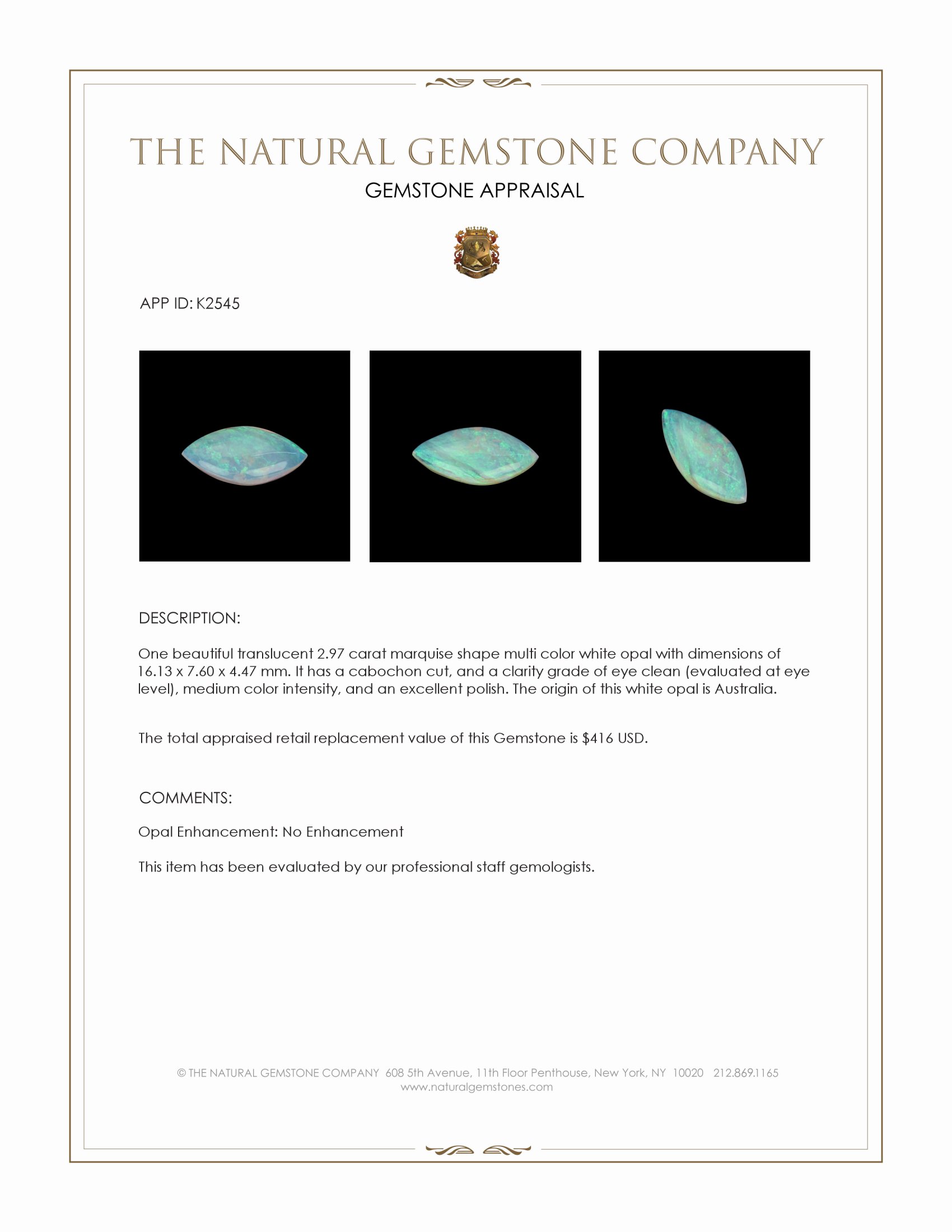 2.97 Ct. Cabochon White Opal from Australia