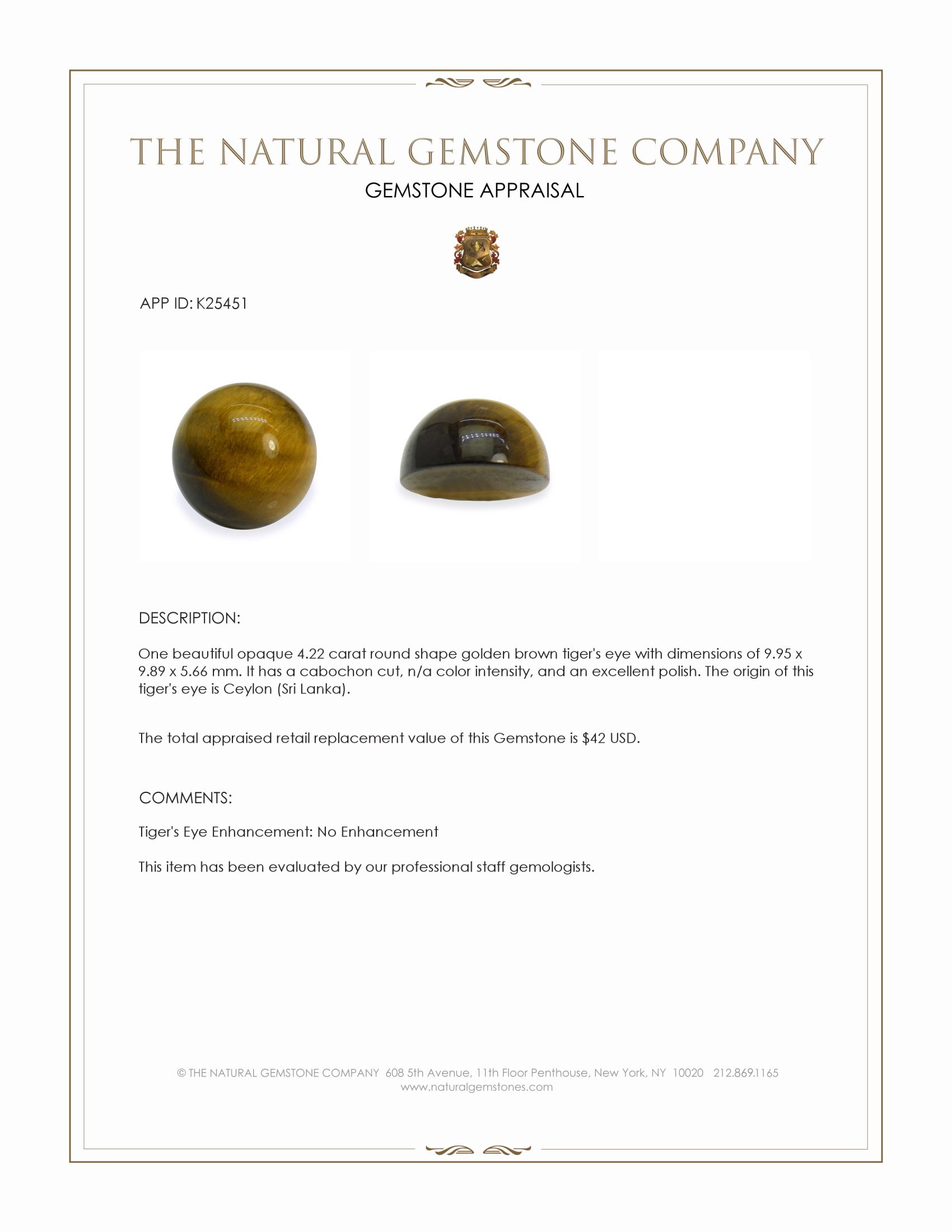 4.22 Ct. Cabochon Tiger's Eye from Ceylon (Sri Lanka)