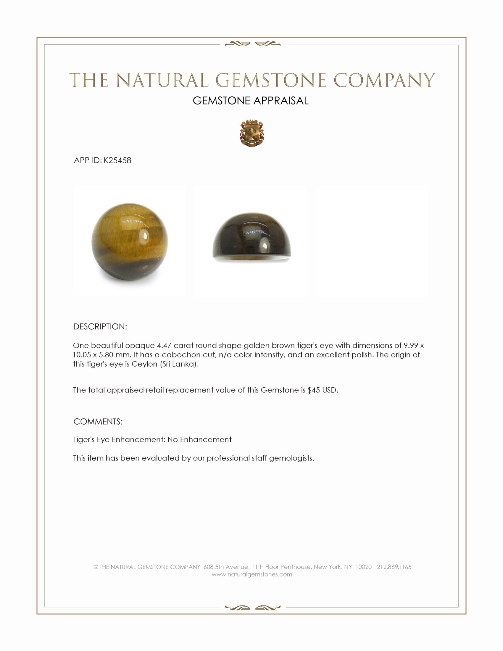 4.47 Ct. Cabochon Tiger's Eye from Ceylon (Sri Lanka)