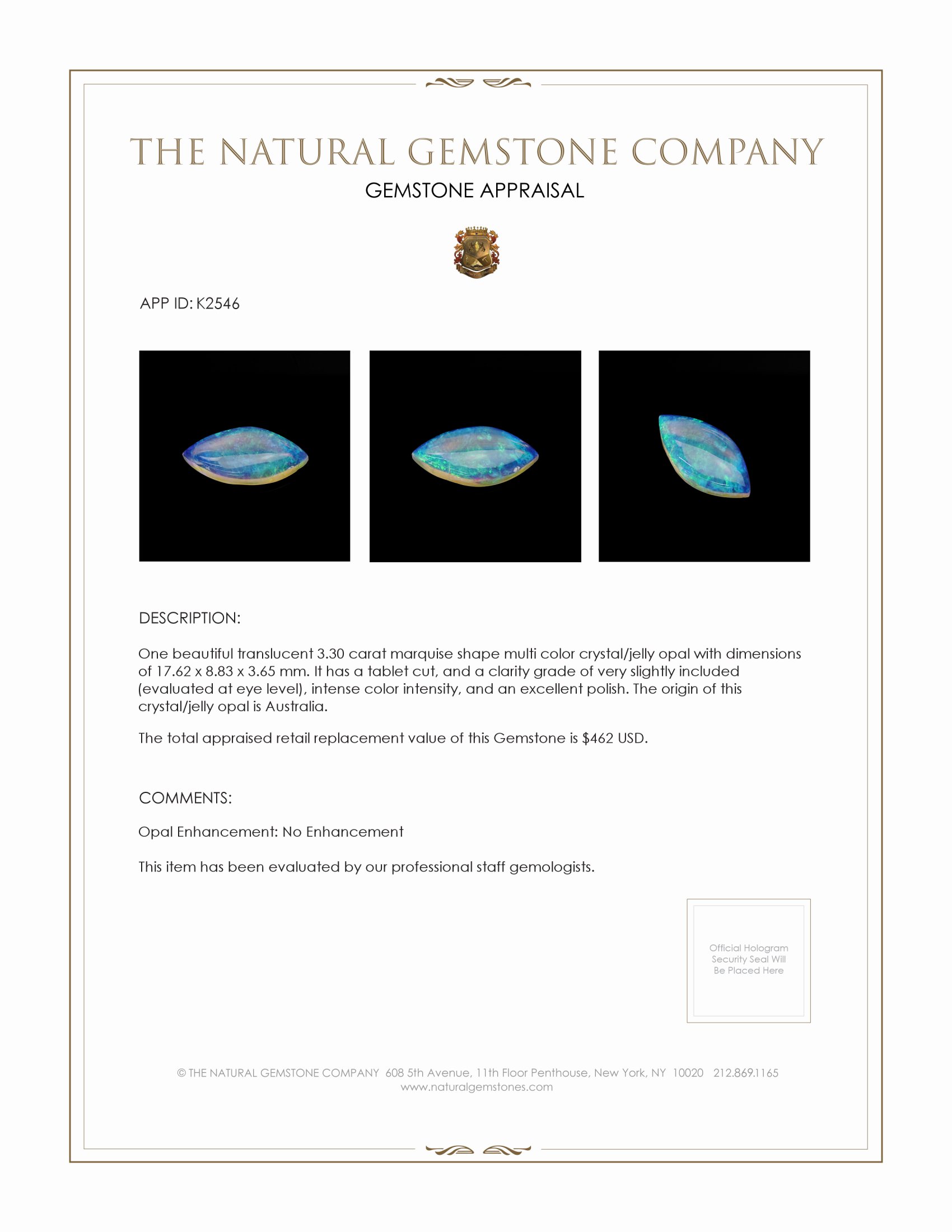3.30 Ct. Multi Color Crystal Opal (Jelly Opal) from Australia