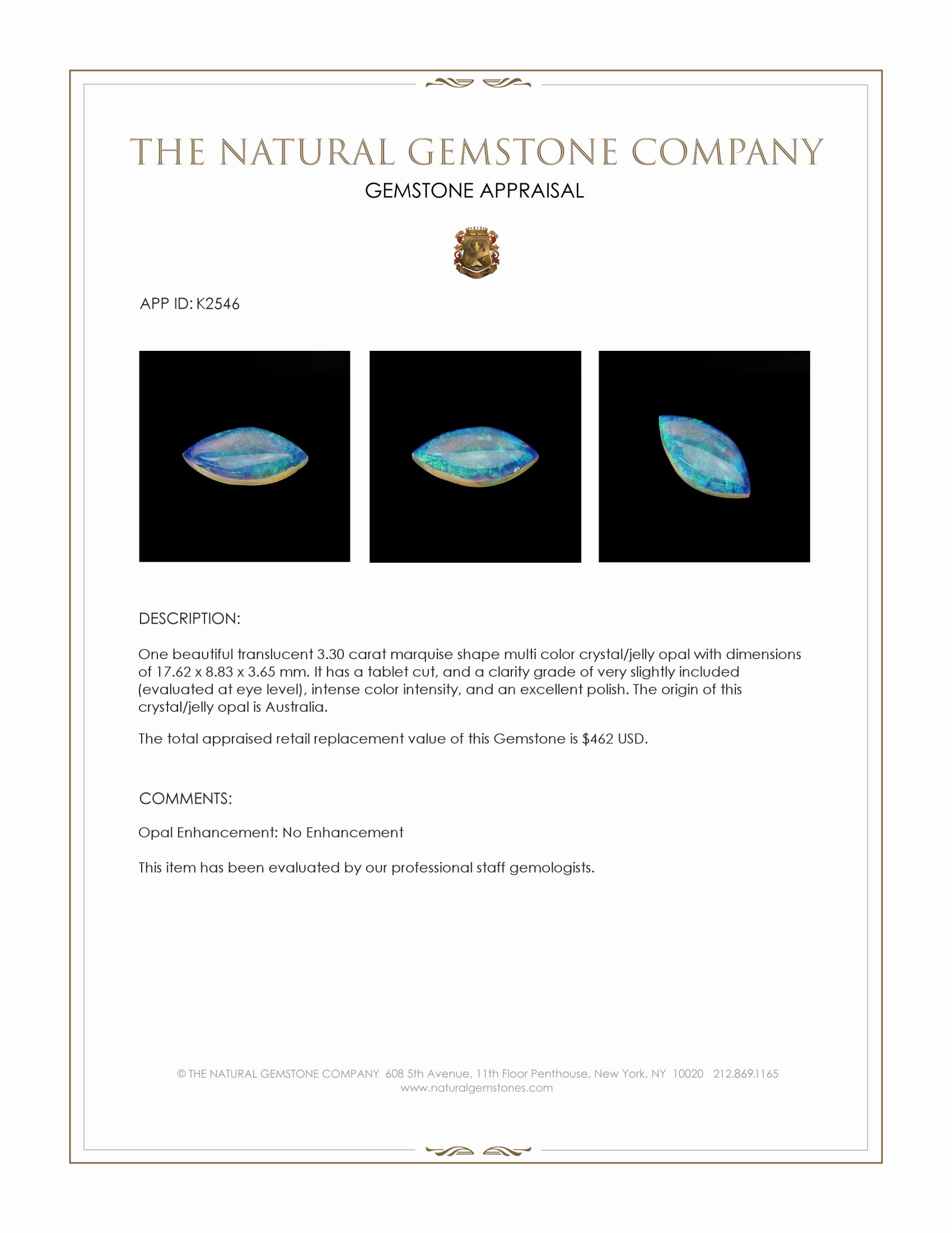 3.30 Ct. Crystal/Jelly Opal from Australia