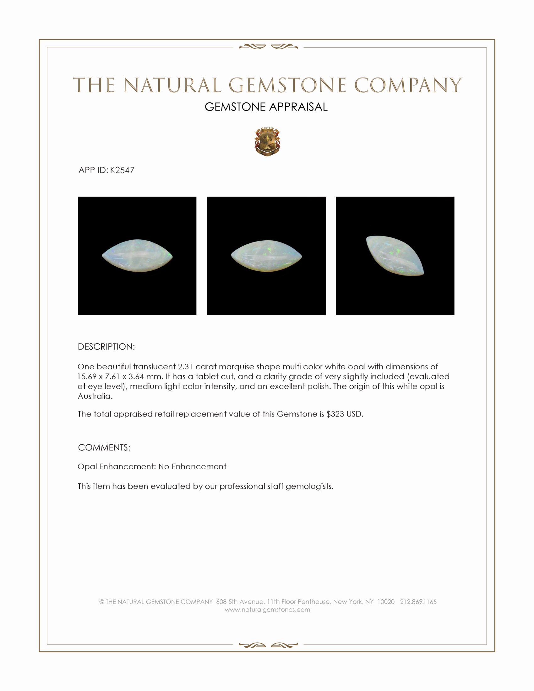 2.31 Ct. White Opal from Australia