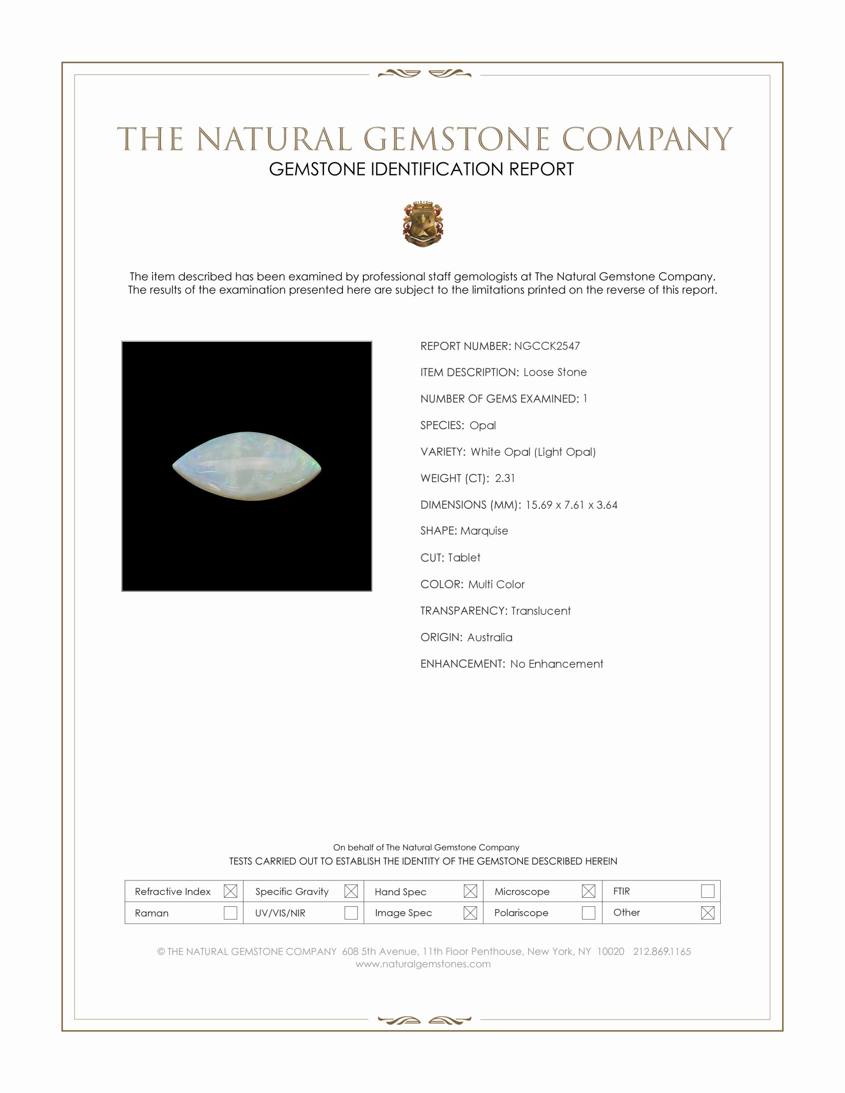 2.31 Ct. Multi Color White Opal (Light Opal) from Australia