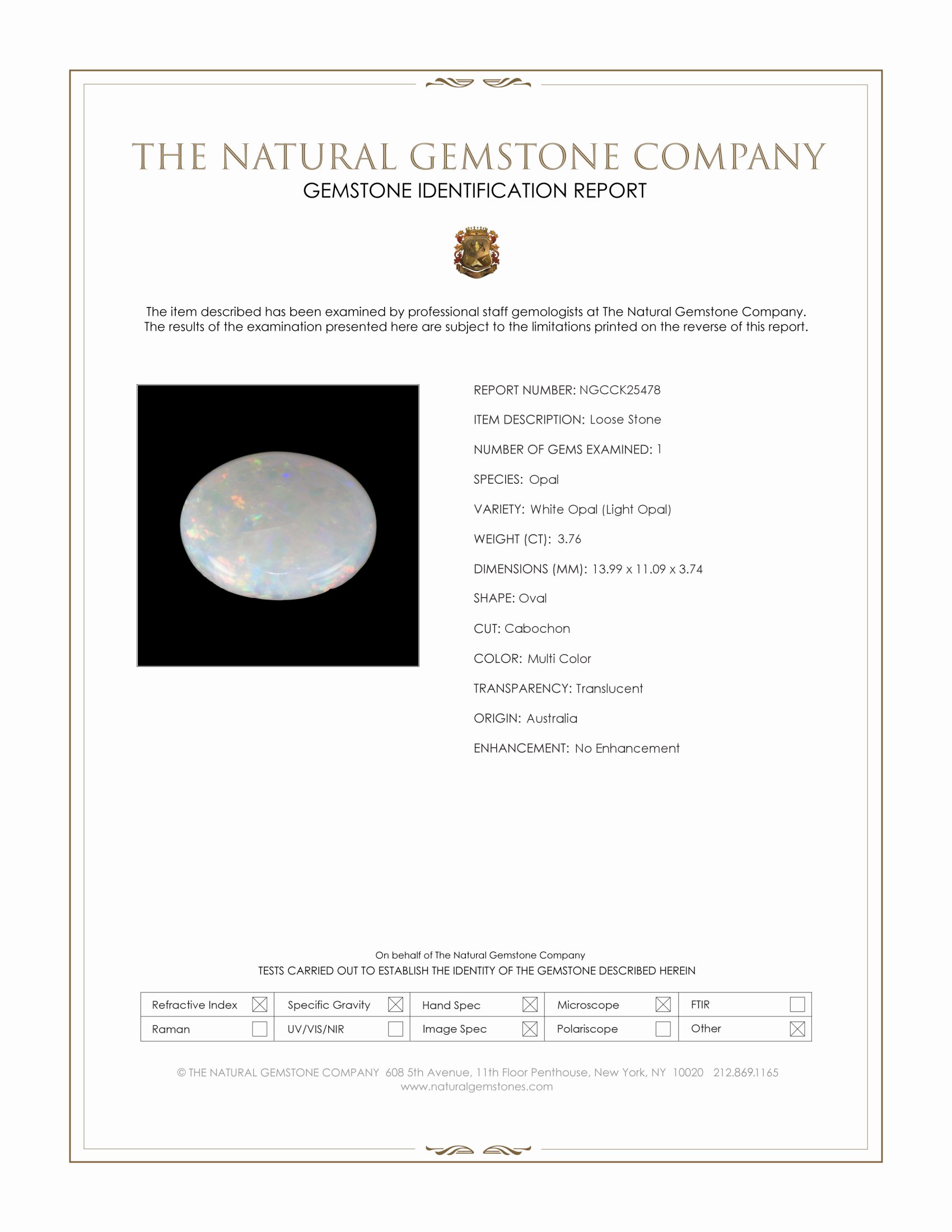 3.76 Ct. Multi Color Cabochon White Opal (Light Opal) from Australia