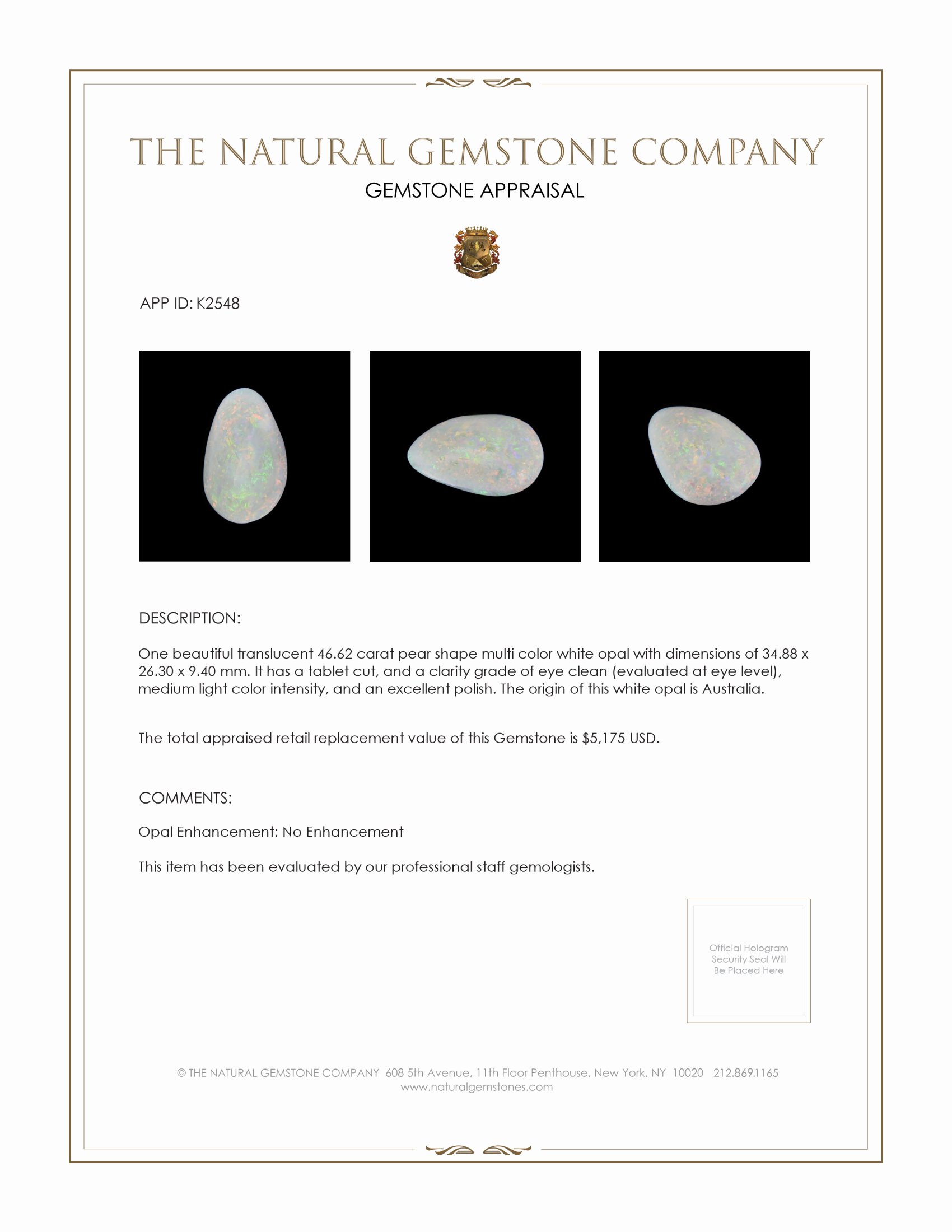 46.62 Ct. White Opal from Australia