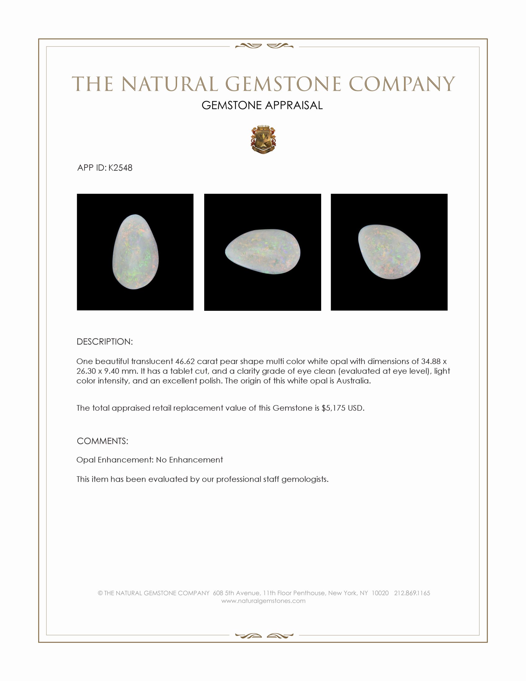 46.62 Ct. White Opal from Australia