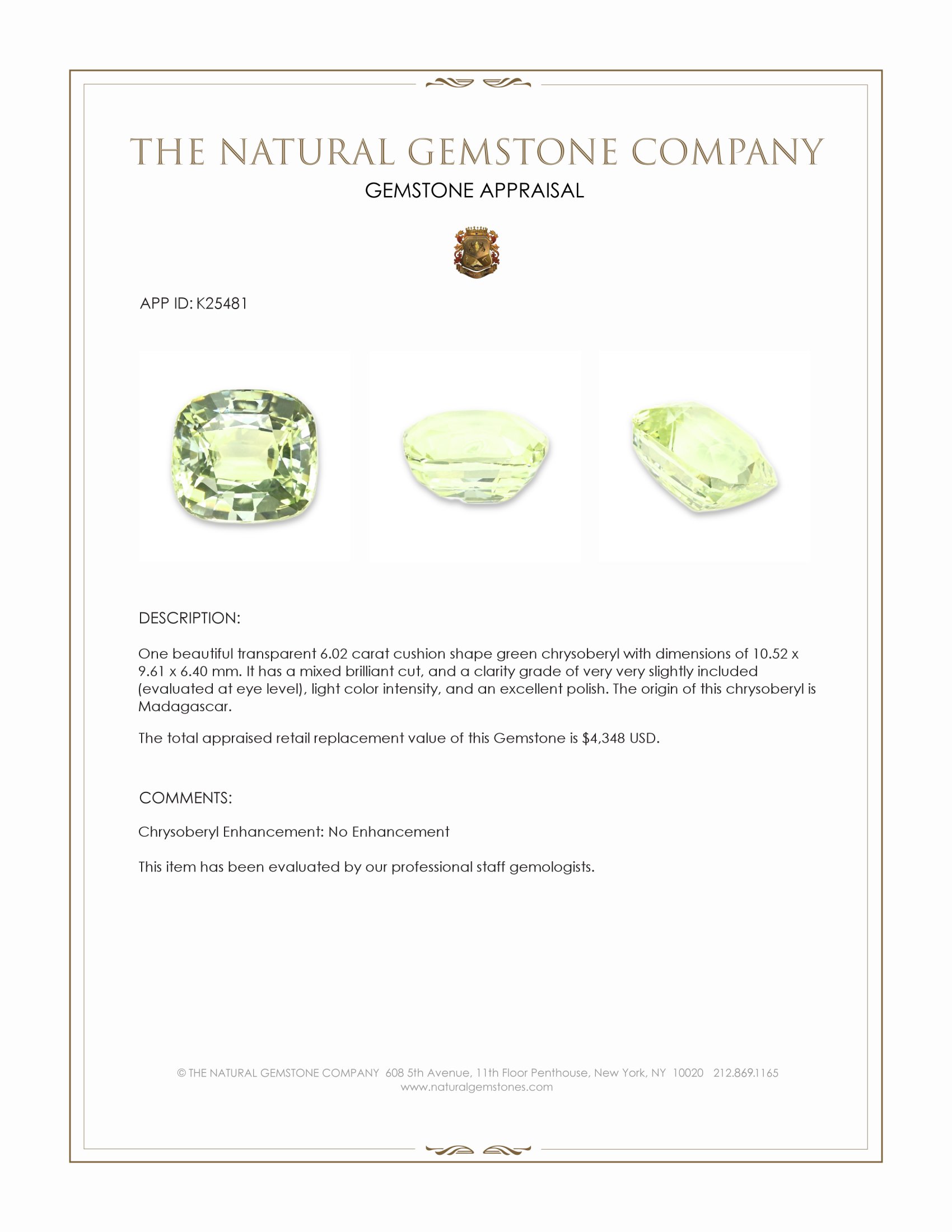 6.02 Ct. Green Chrysoberyl from Madagascar