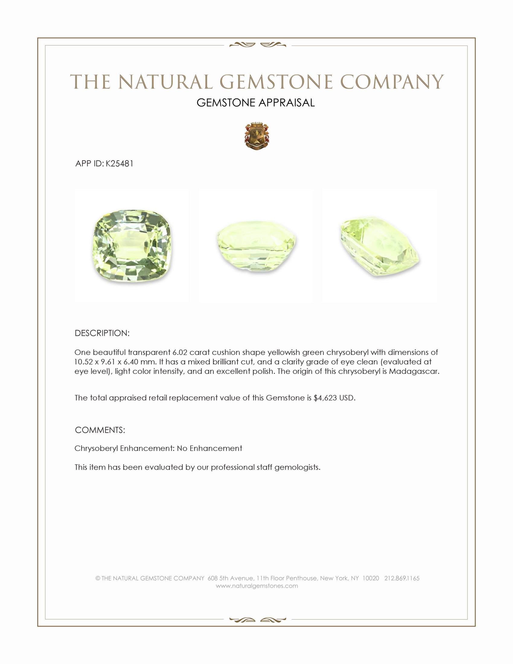 6.02 Ct. Yellowish Green Chrysoberyl from Madagascar