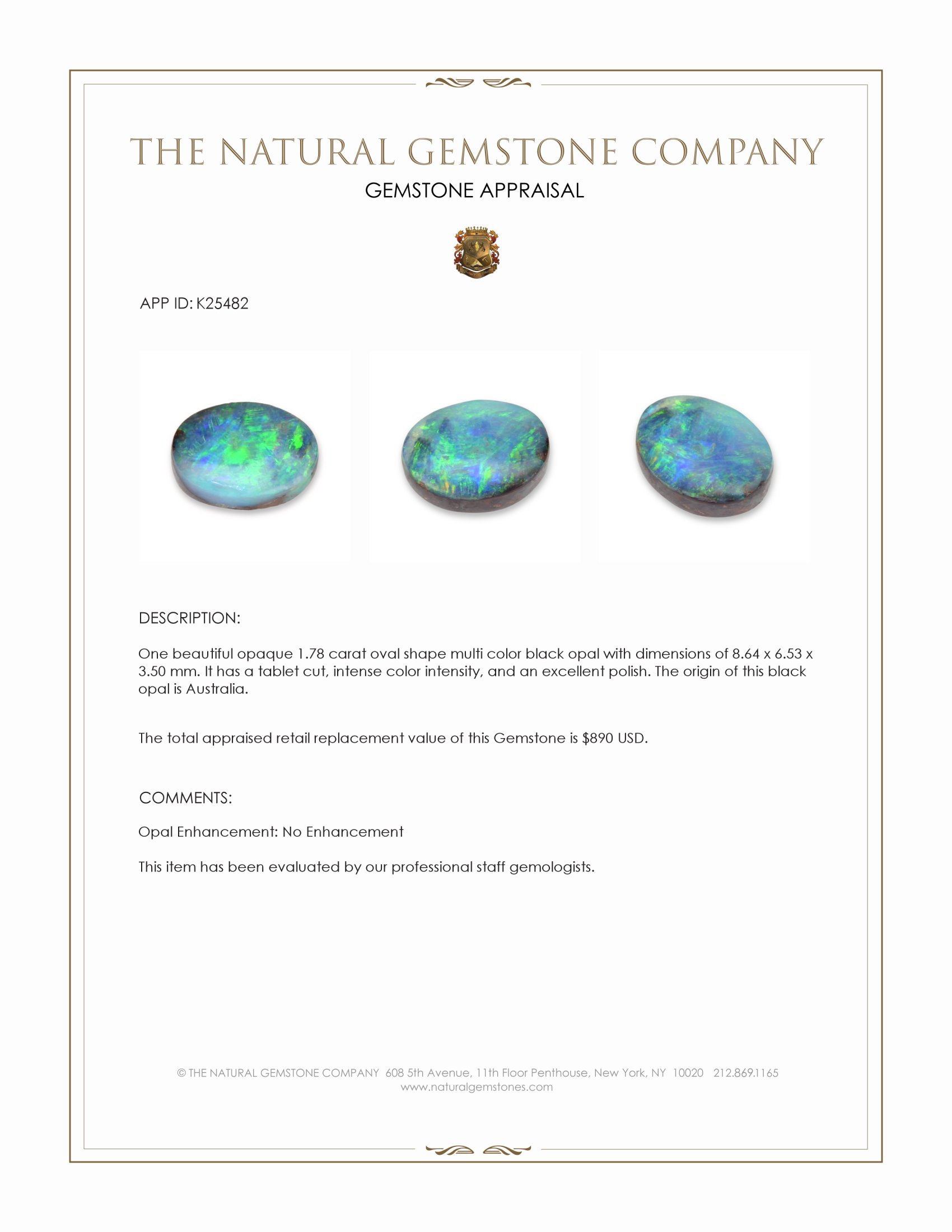 1.78 Ct. Multi Color Black Opal (Dark Opal) from Australia