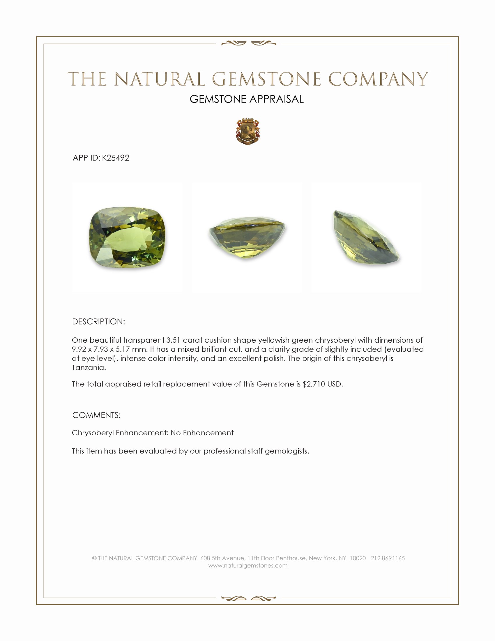 3.51 Ct. Yellowish Green Chrysoberyl from Tanzania