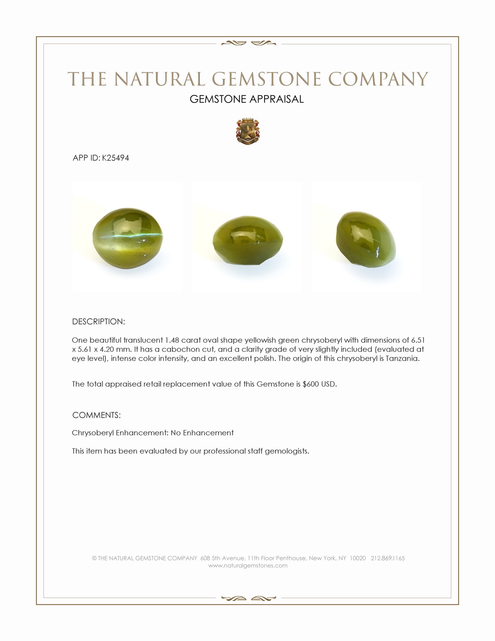 1.48 Ct. Yellowish Green Cabochon Chrysoberyl from Tanzania