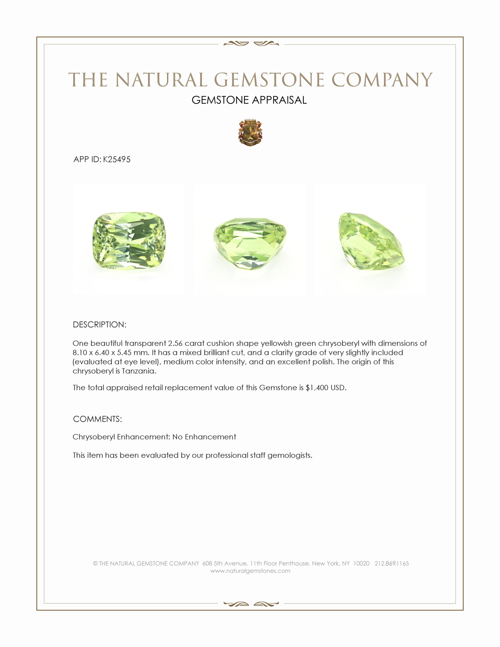 2.56 Ct. Yellowish Green Chrysoberyl from Tanzania