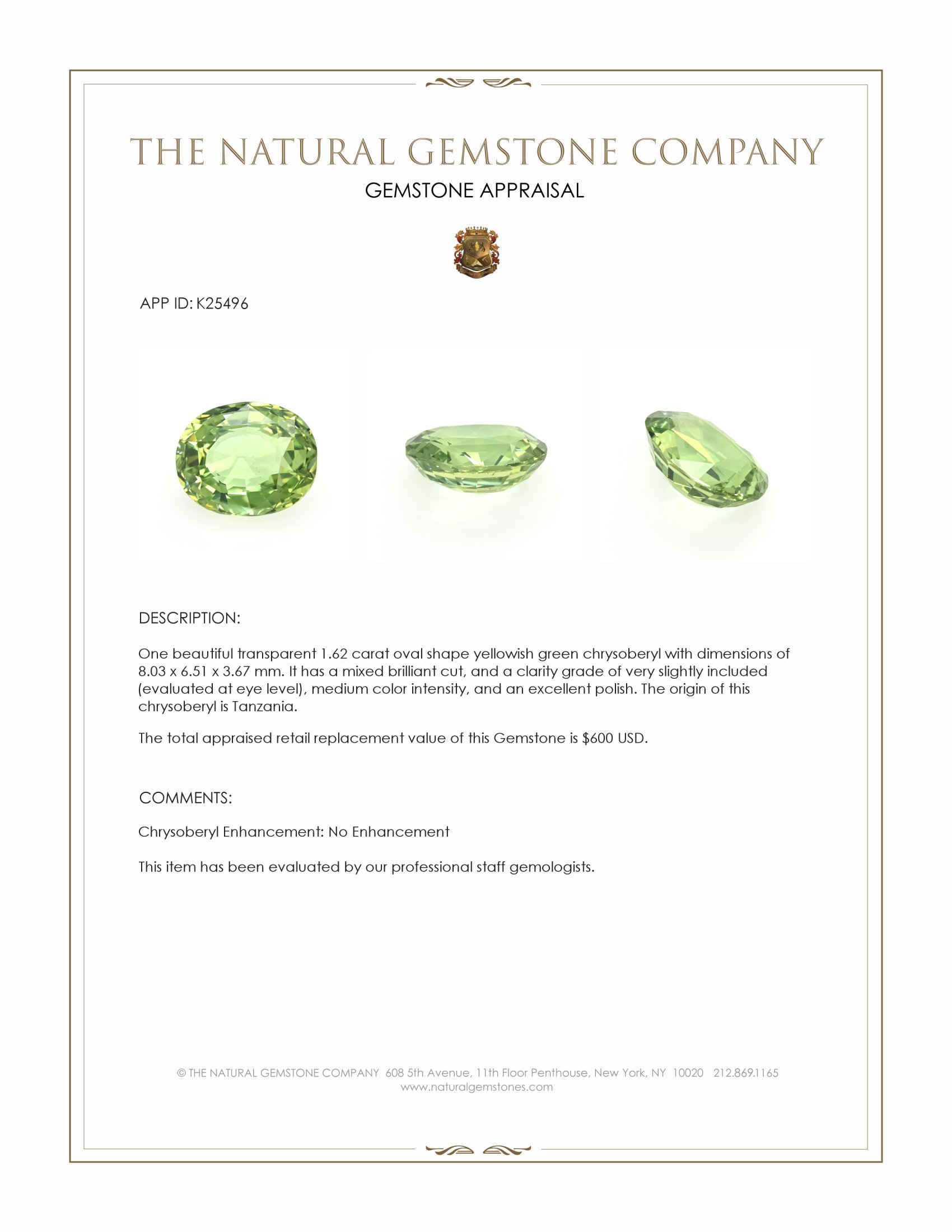 1.62 Ct. Yellowish Green Chrysoberyl from Tanzania