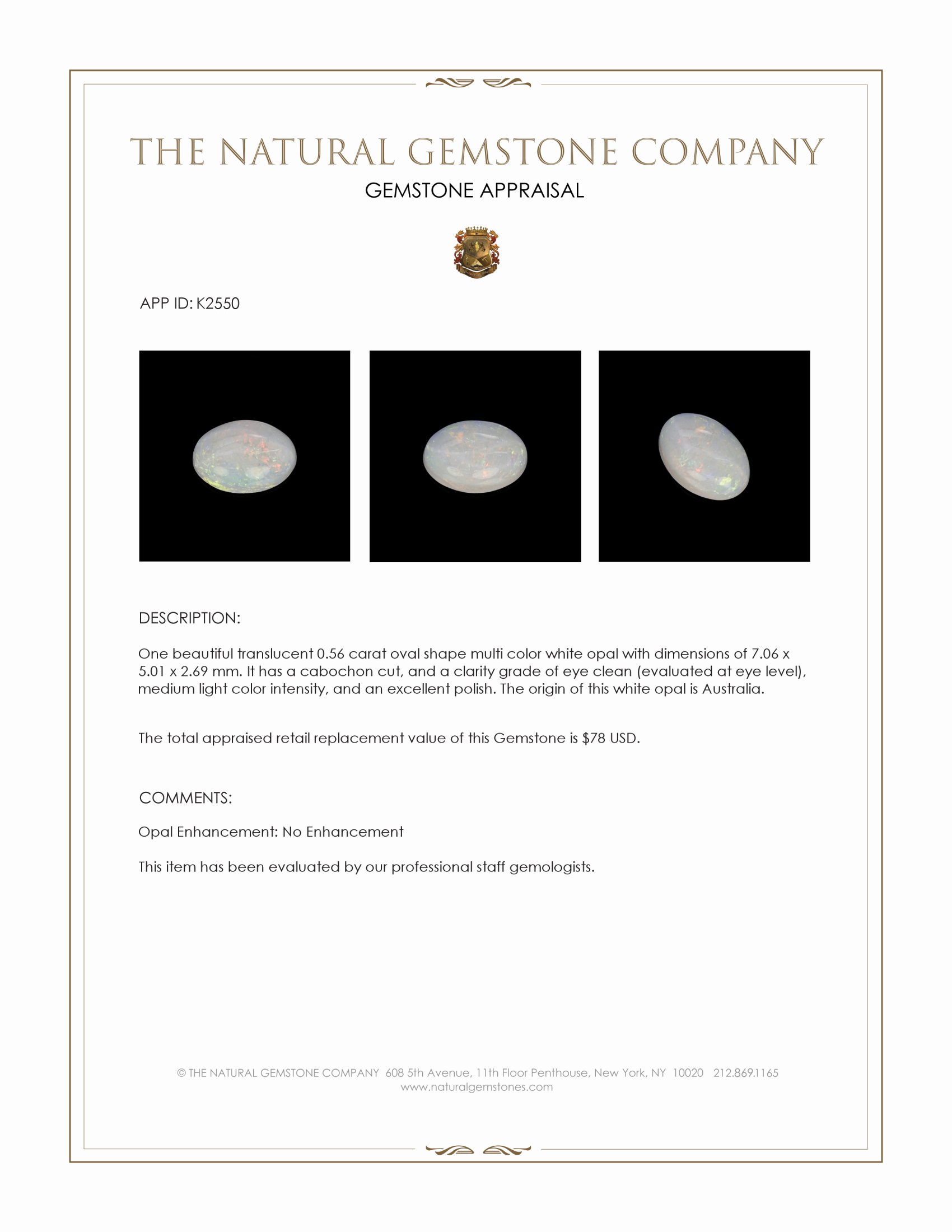 0.56 Ct. Cabochon White Opal from Australia