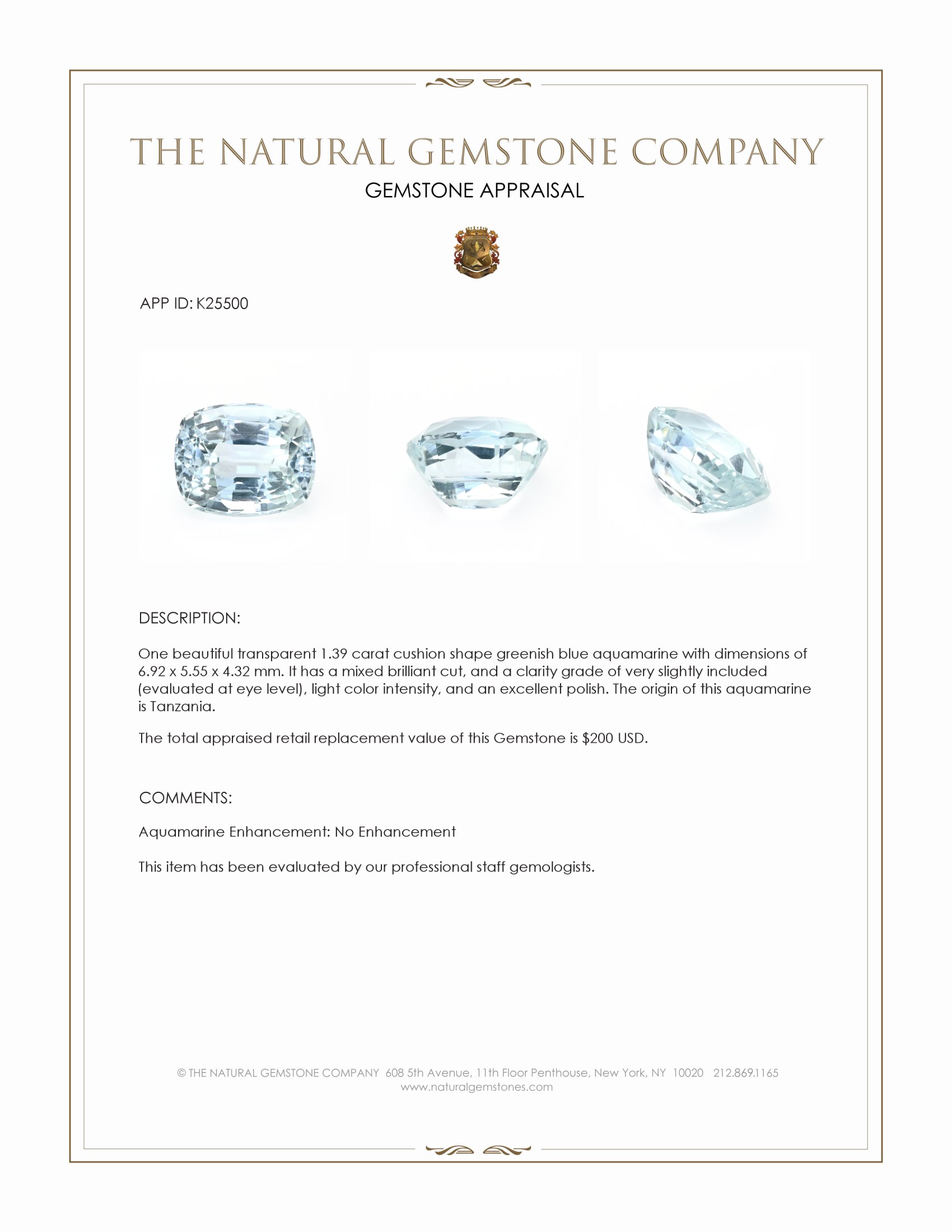 1.39 Ct. Greenish Blue Aquamarine from Tanzania