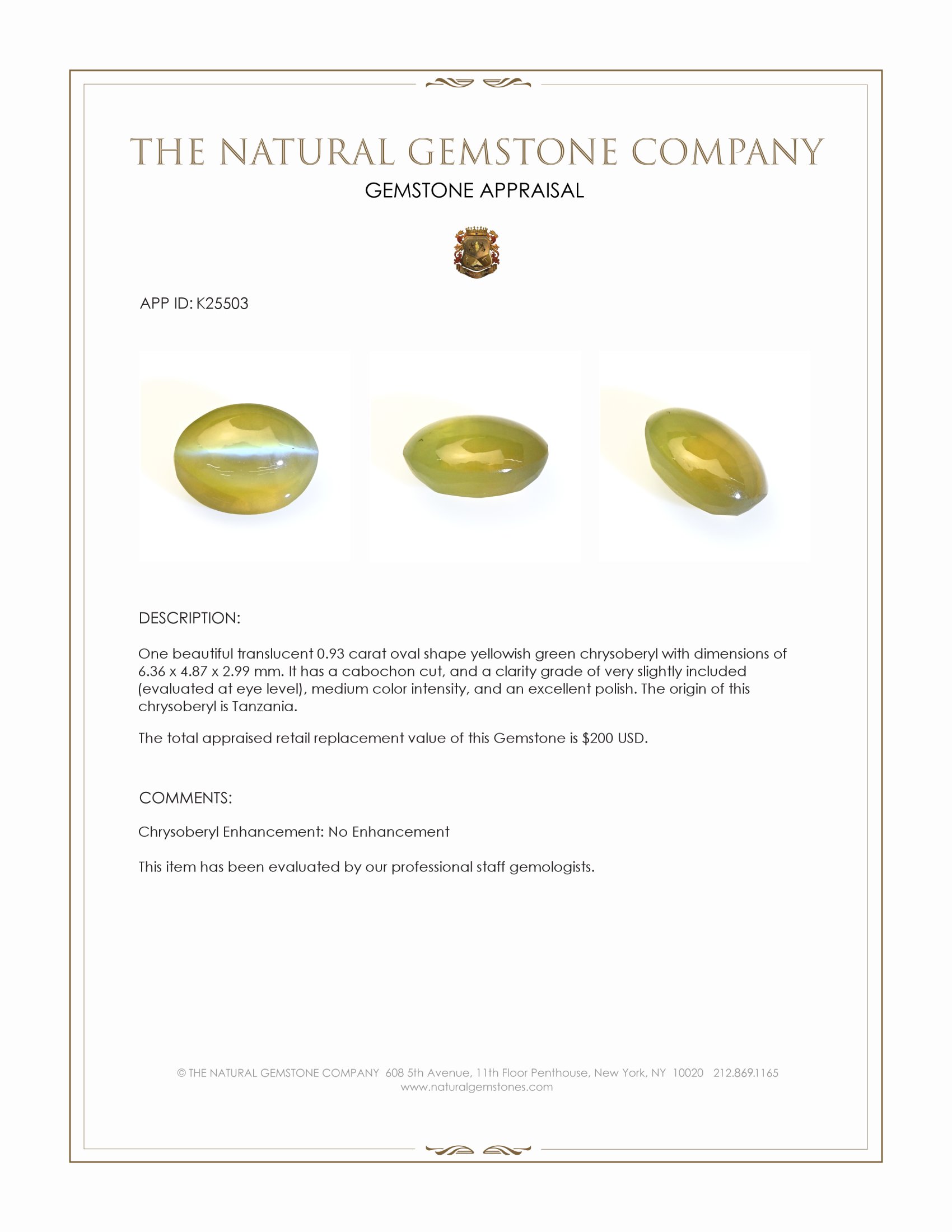 0.93 Ct. Yellowish Green Cabochon Chrysoberyl from Tanzania