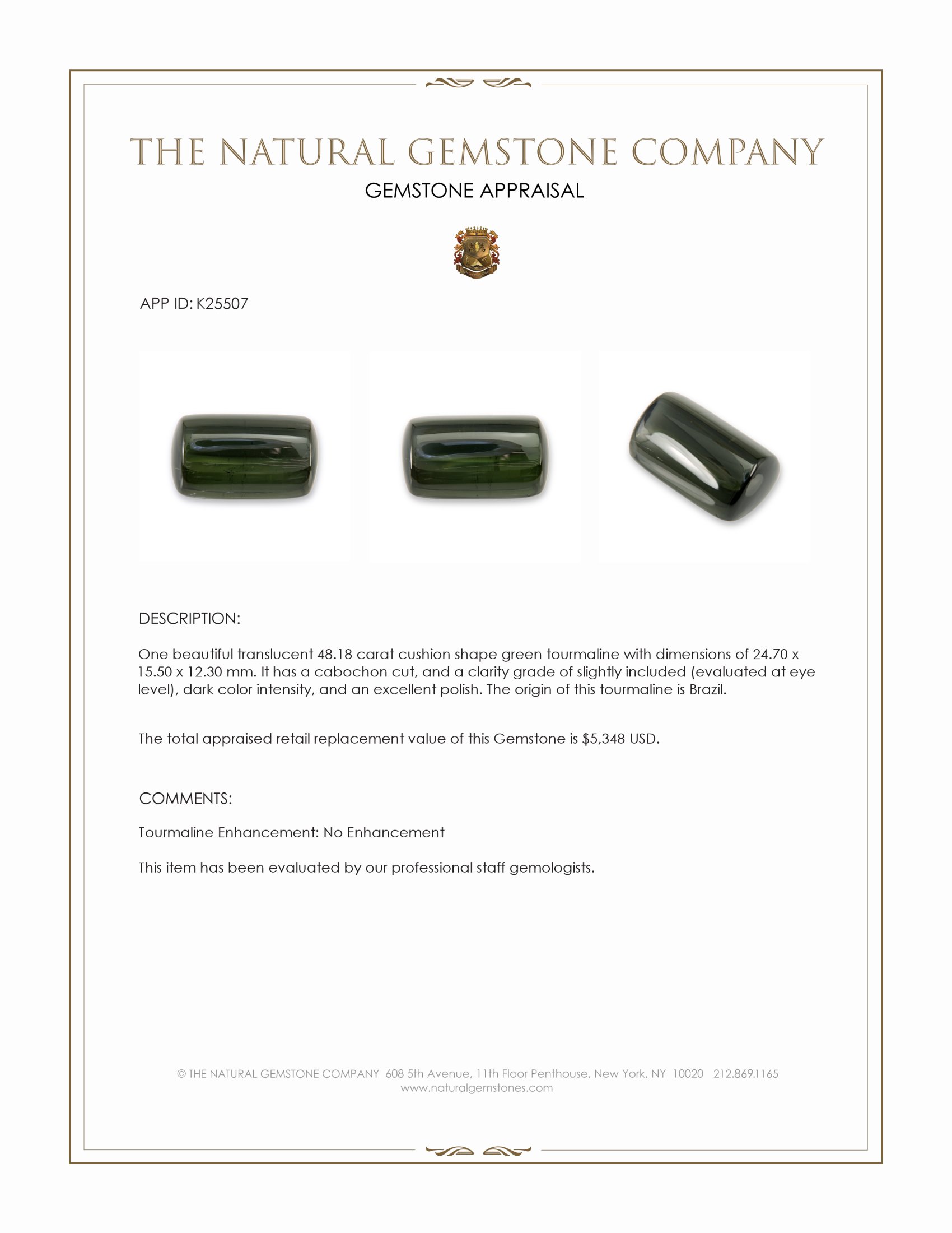 48.18 Ct. Green Cabochon Tourmaline from Brazil