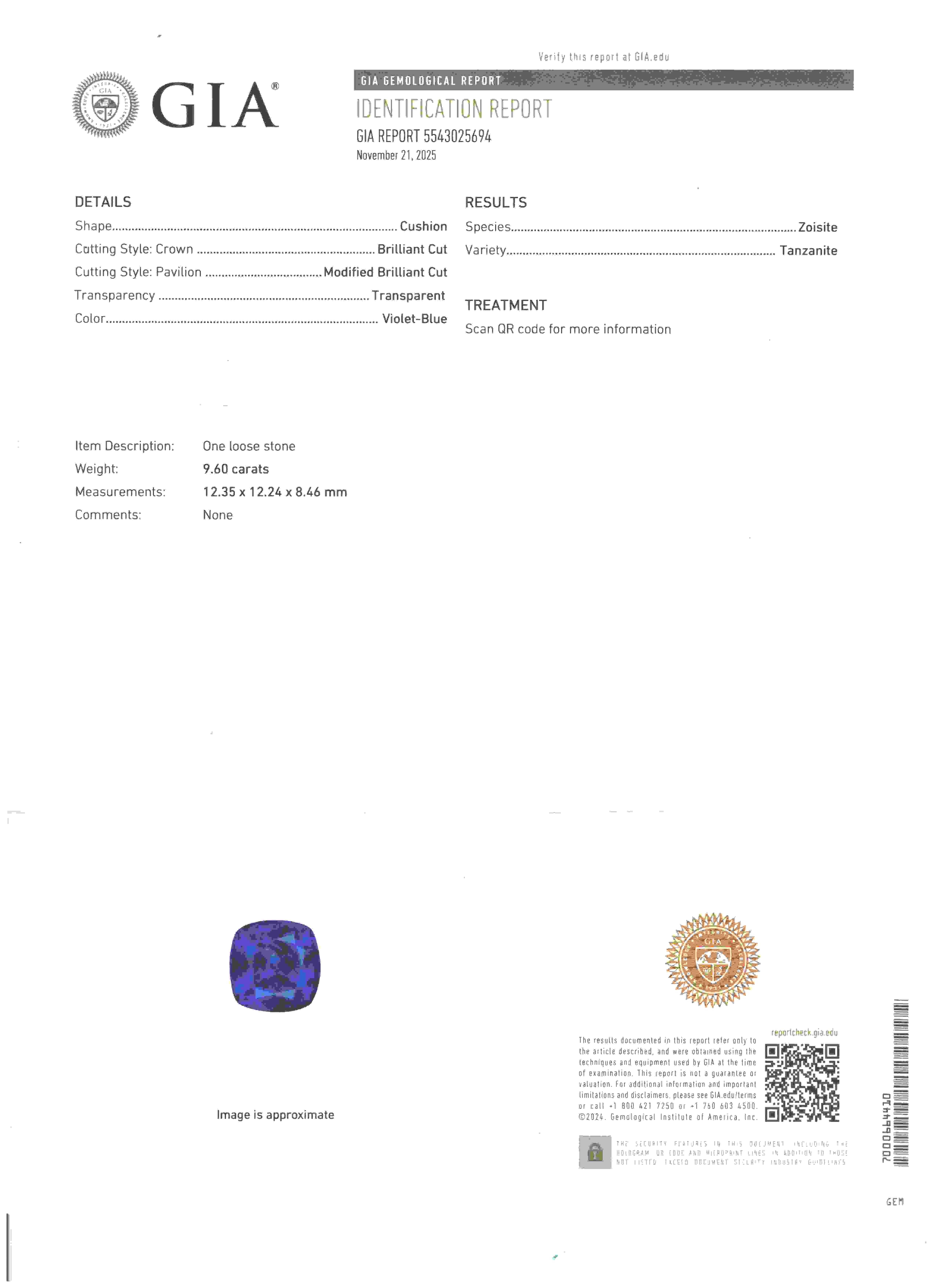 9.60 Ct. Violetish Blue Tanzanite from Tanzania
