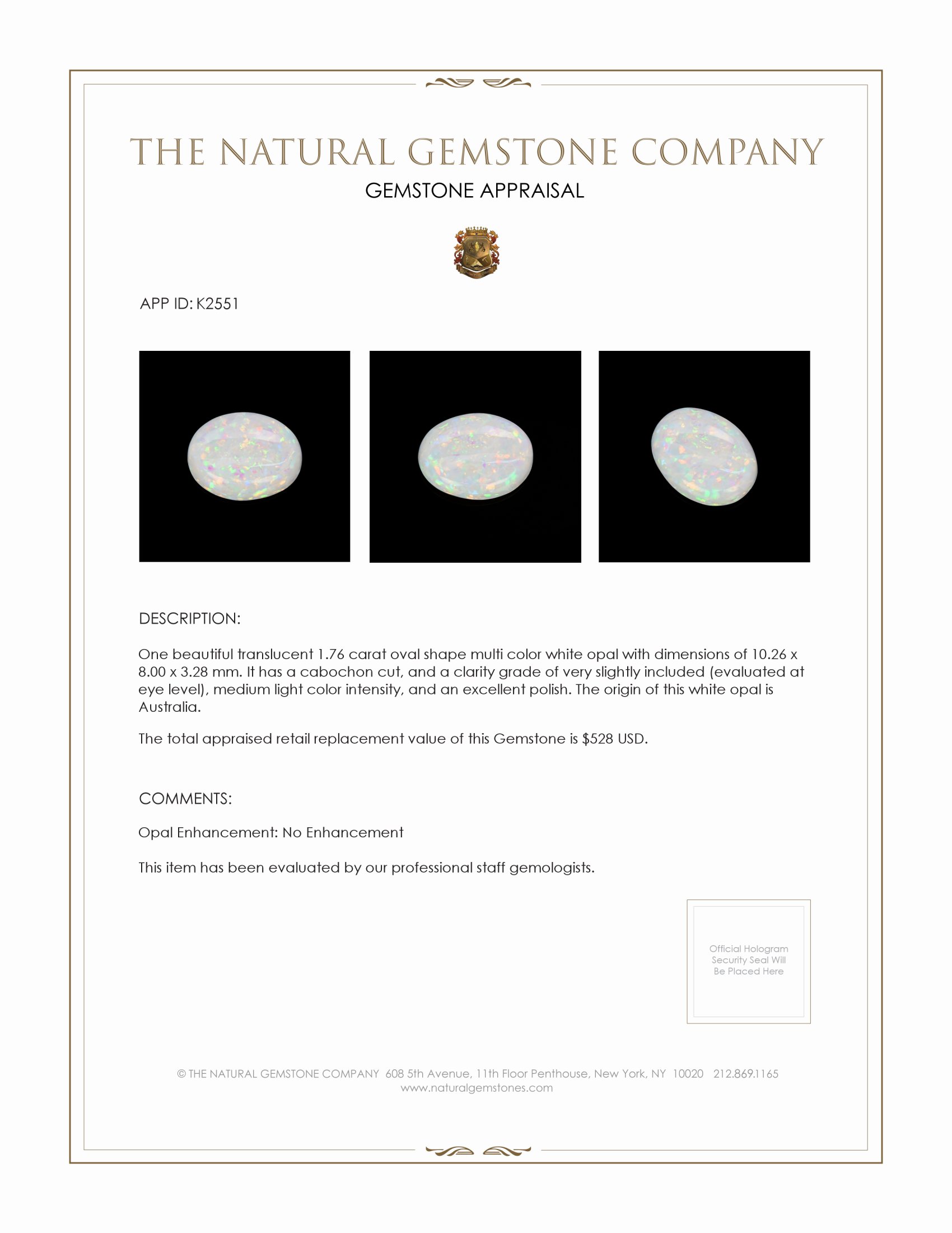 1.76 Ct. Cabochon White Opal from Australia