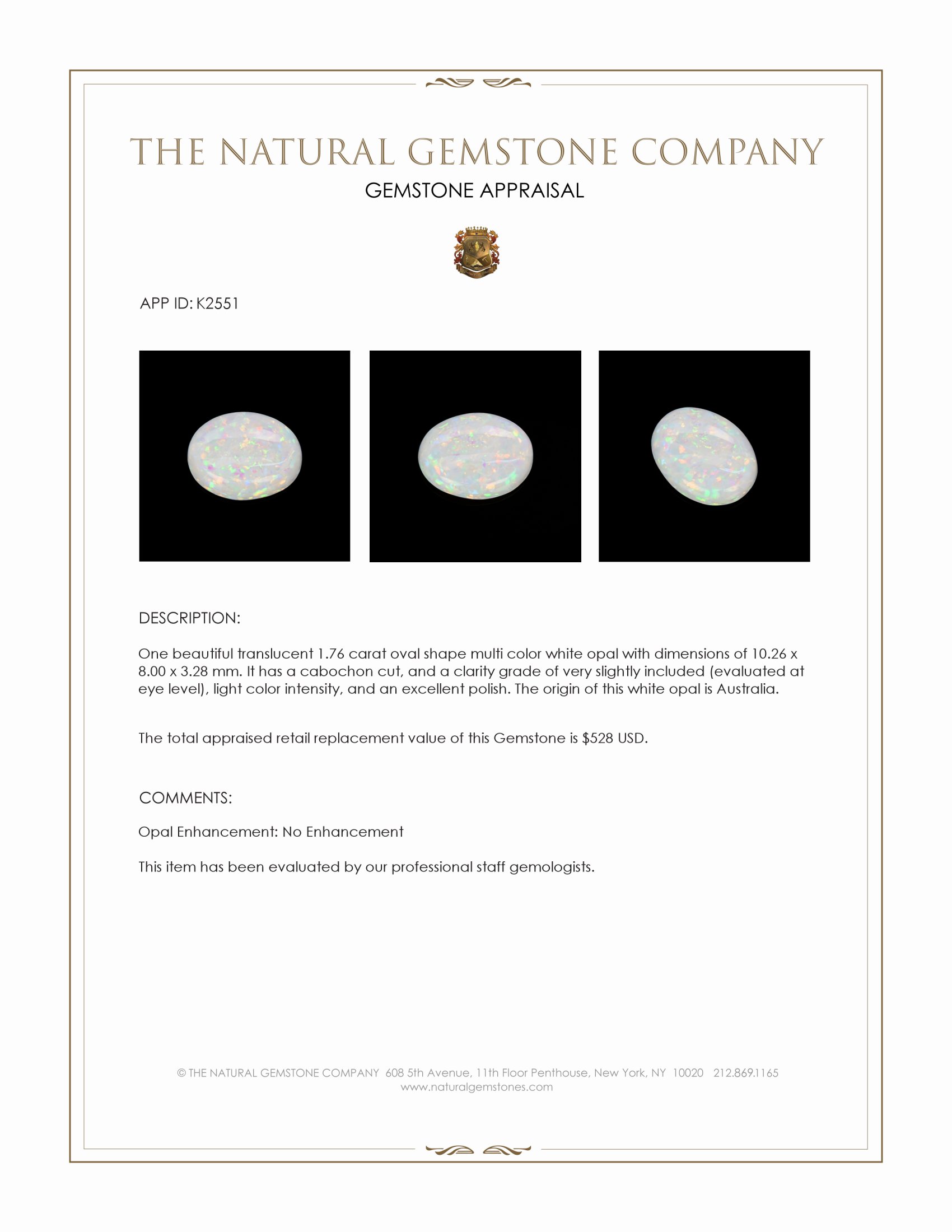 1.76 Ct. Cabochon White Opal from Australia