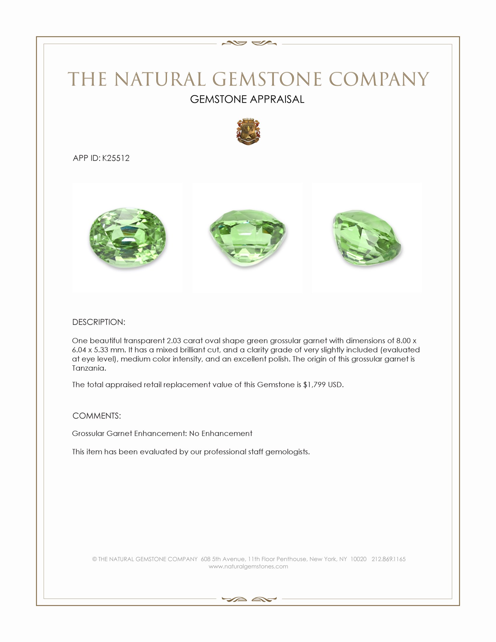 2.03 Ct. Green Grossular Garnet from Tanzania