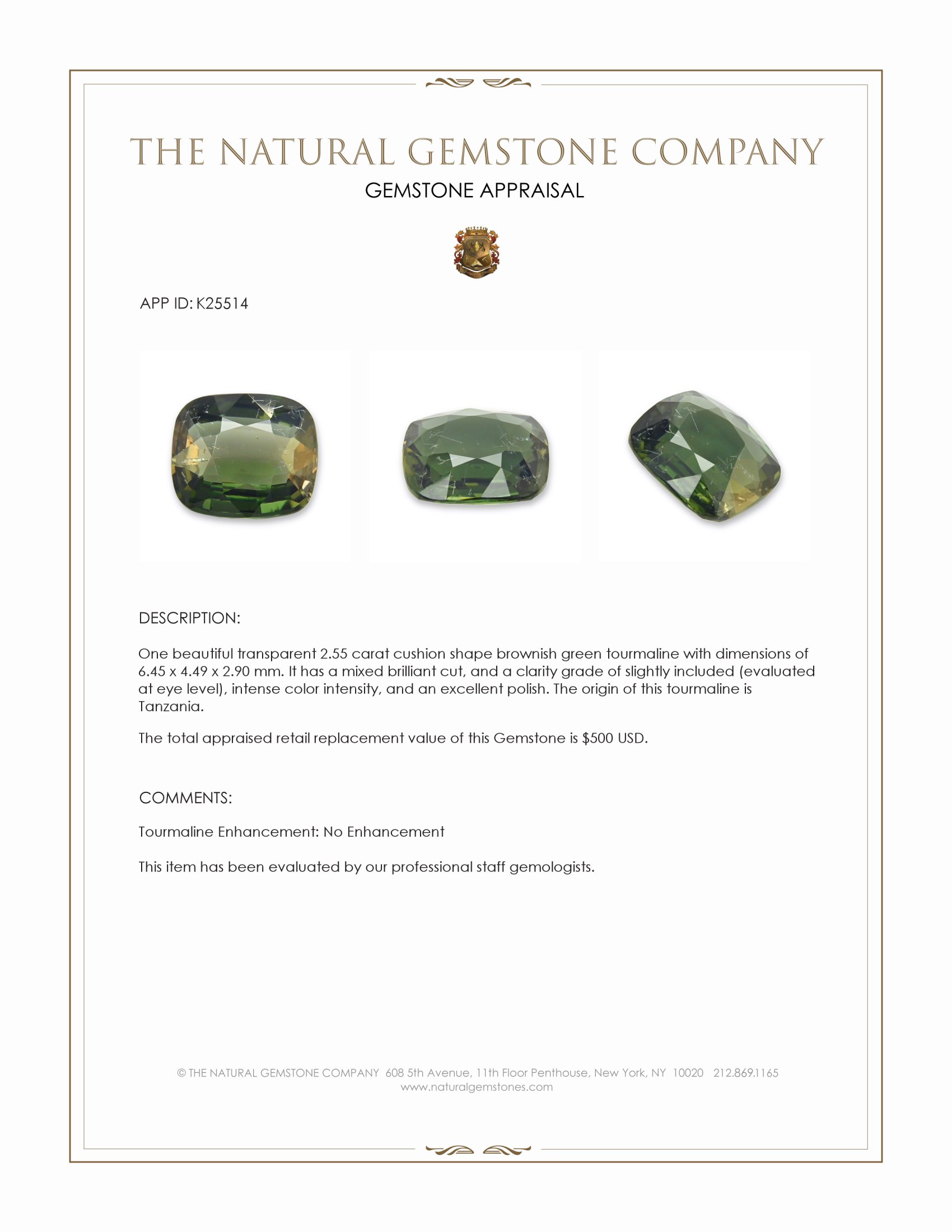 2.55 Ct. Brownish Green Tourmaline from Tanzania