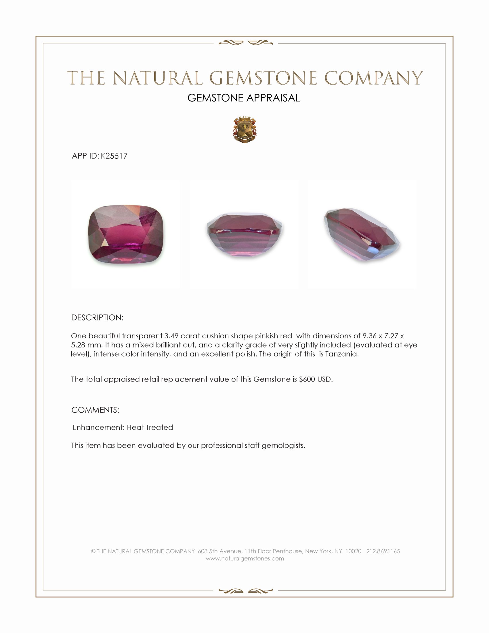 3.49 Ct. Pinkish Red Garnet from Tanzania