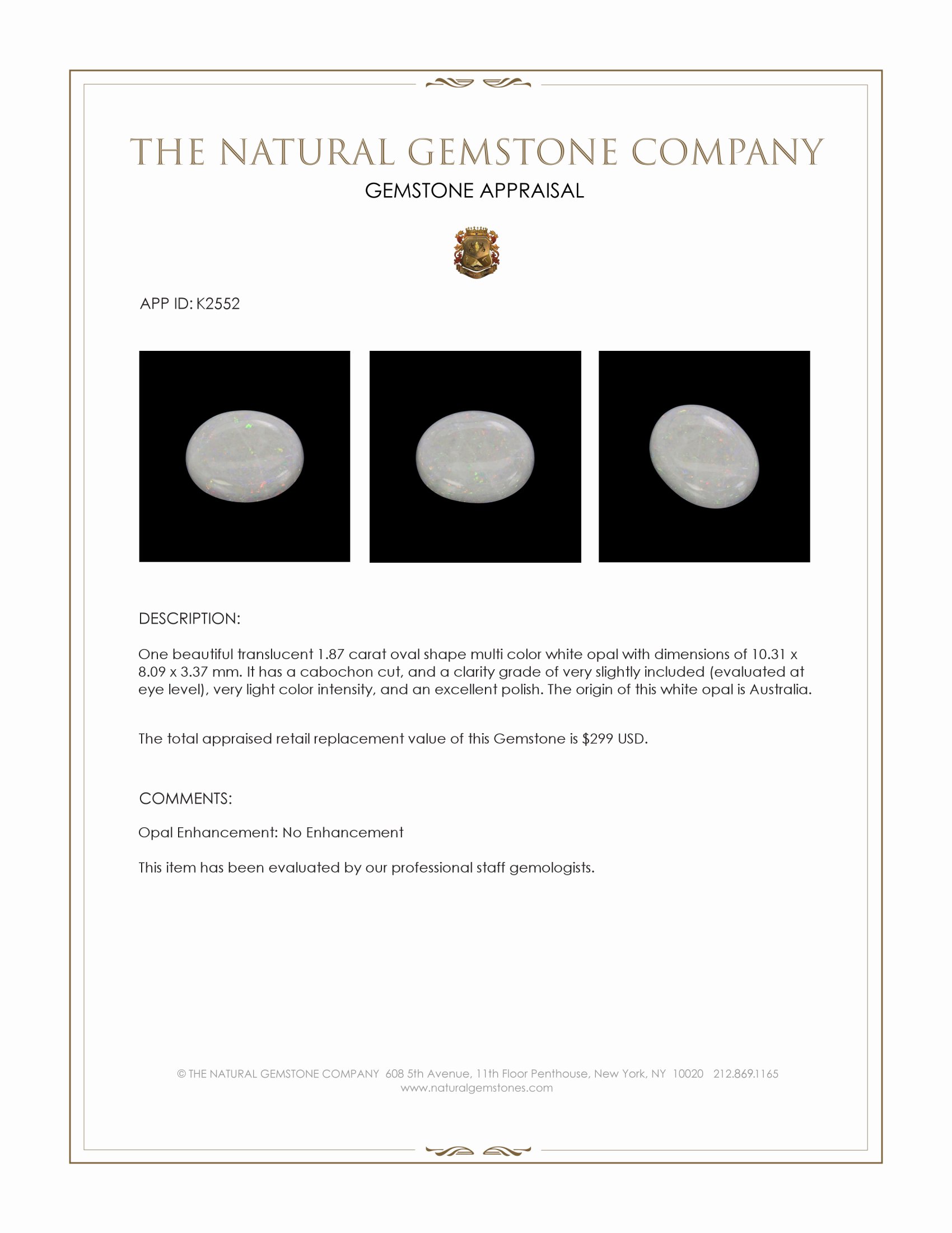 1.87 Ct. Cabochon White Opal from Australia