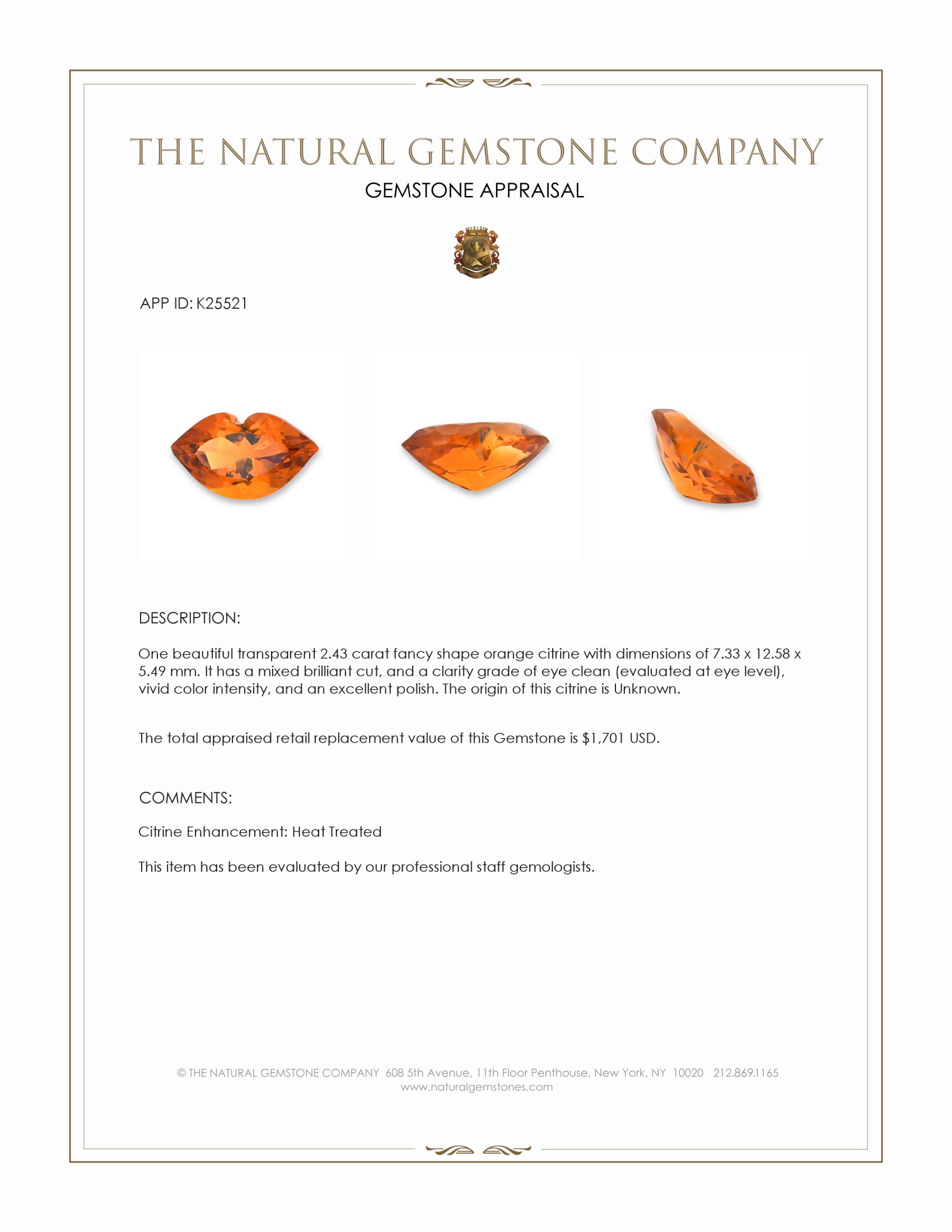2.43 Ct. Orange Citrine