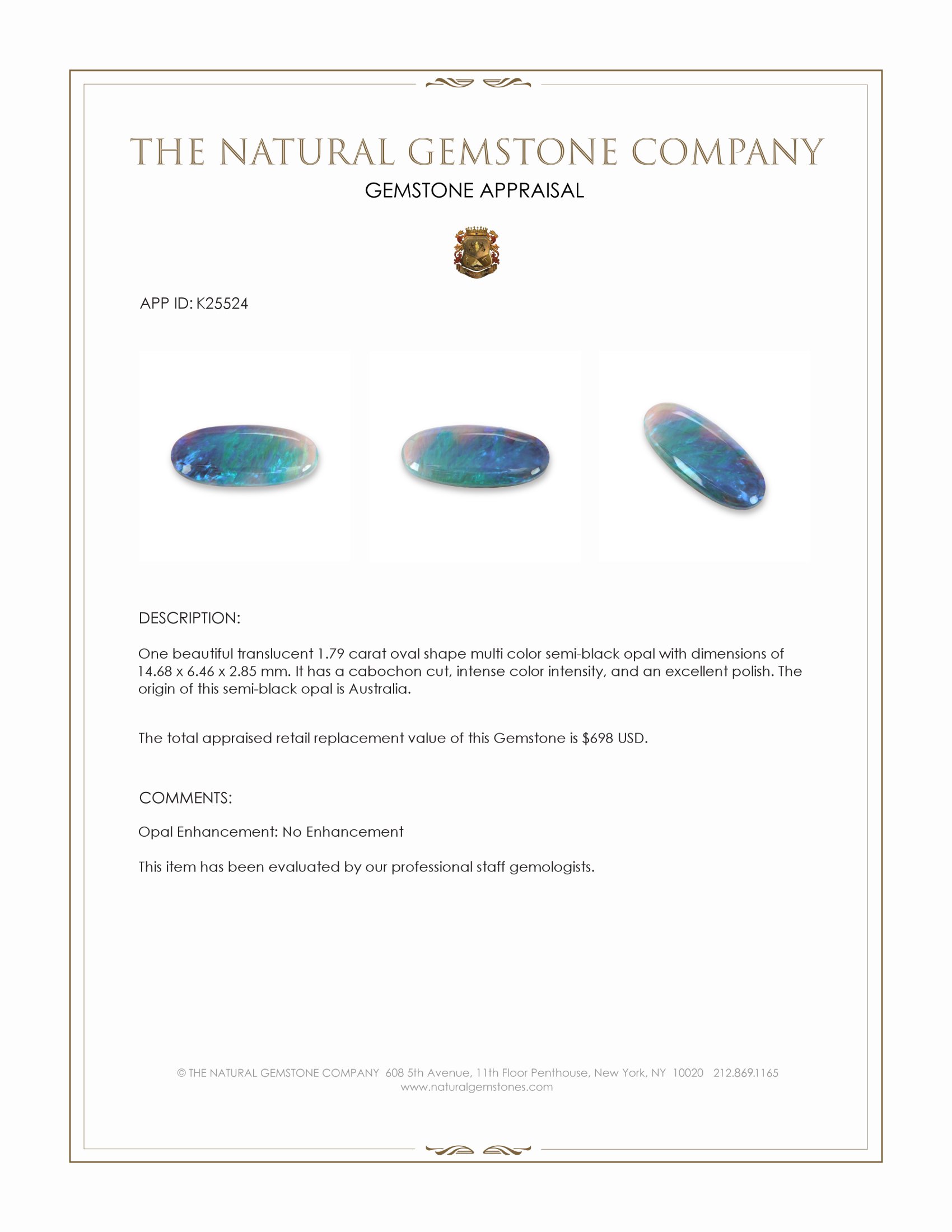 1.79 Ct. Multi Color Cabochon Black Opal (Dark Opal) from Australia