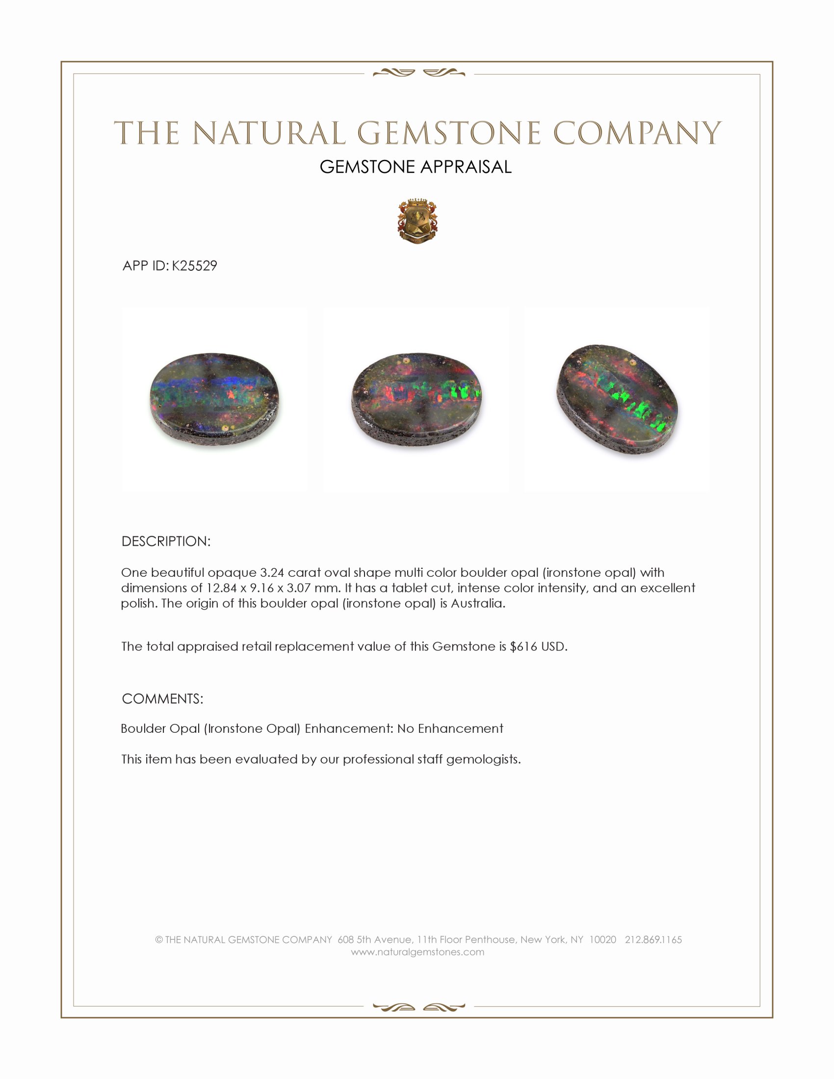 3.24 Ct. Multi Color Boulder Opal (Ironstone Opal) from Australia