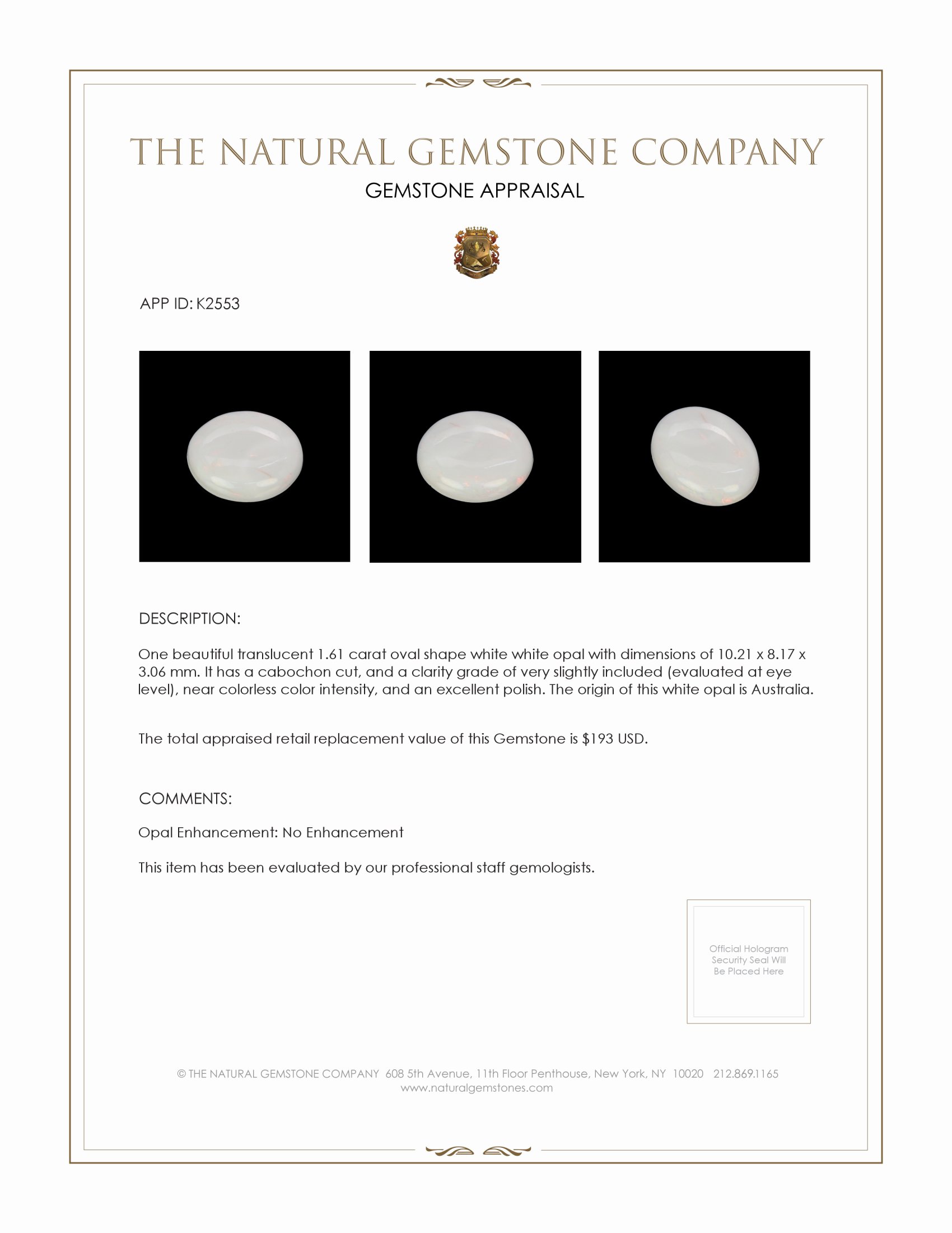 1.61 Ct. Cabochon White Opal from Australia