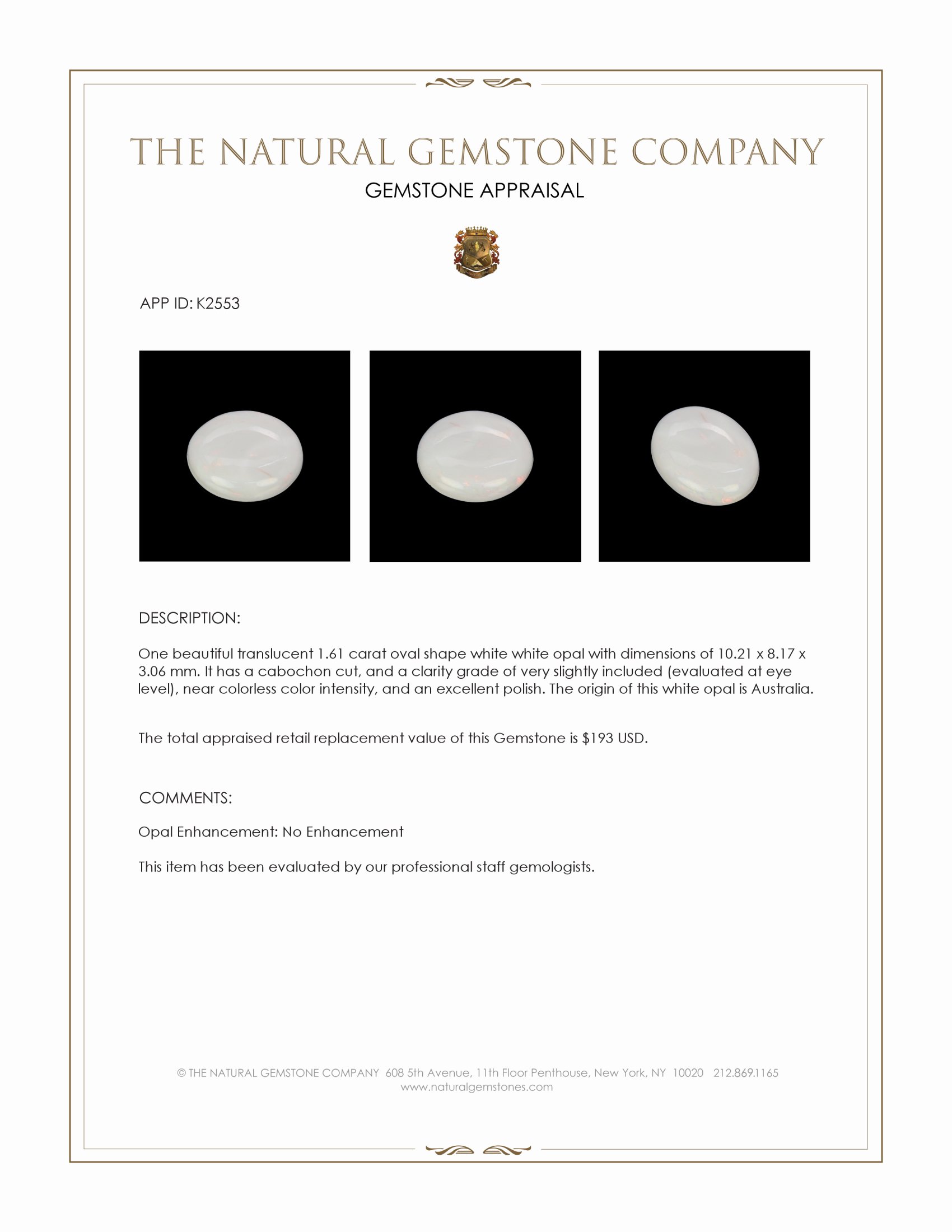 1.61 Ct. Cabochon White Opal from Australia