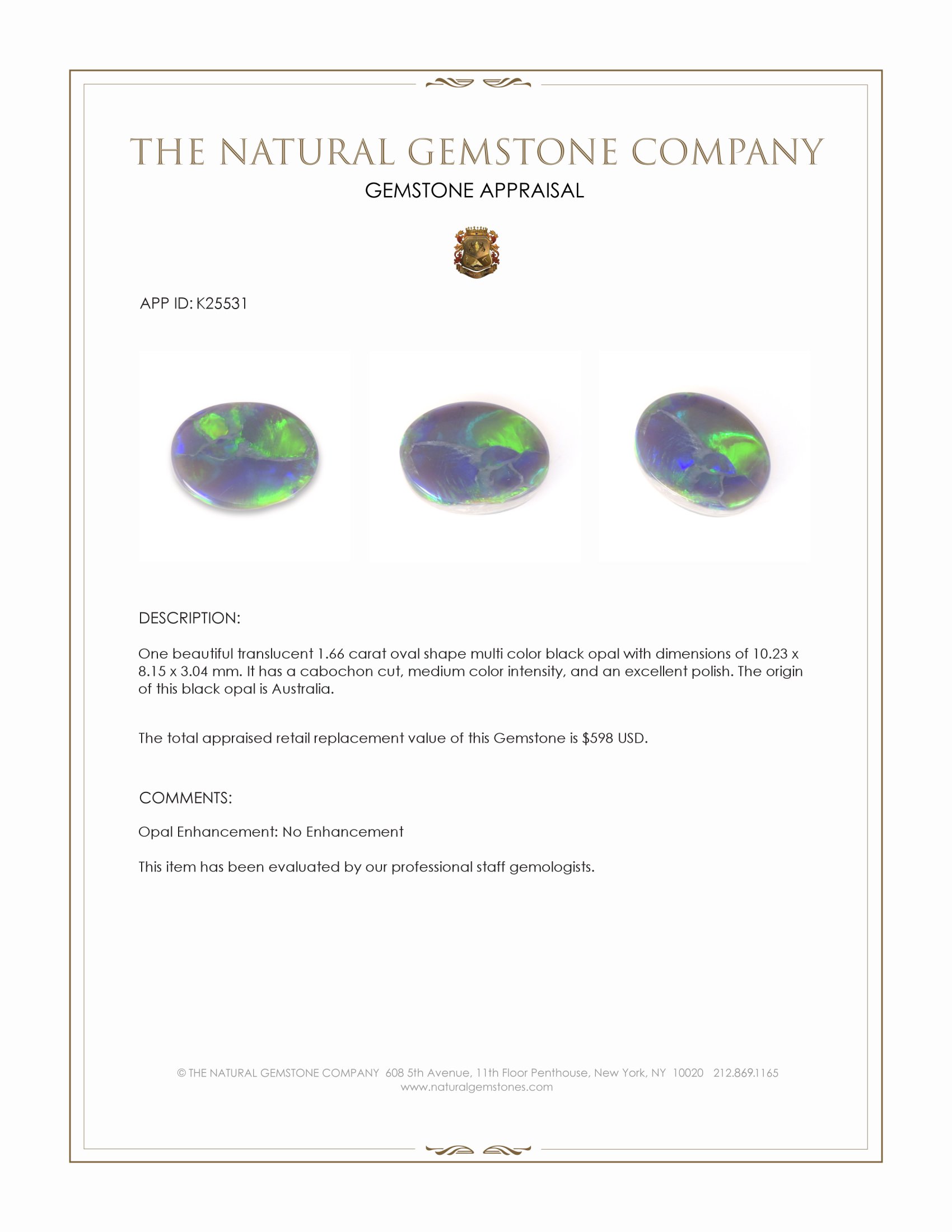 1.66 Ct. Multi Color Cabochon Black Opal from Australia