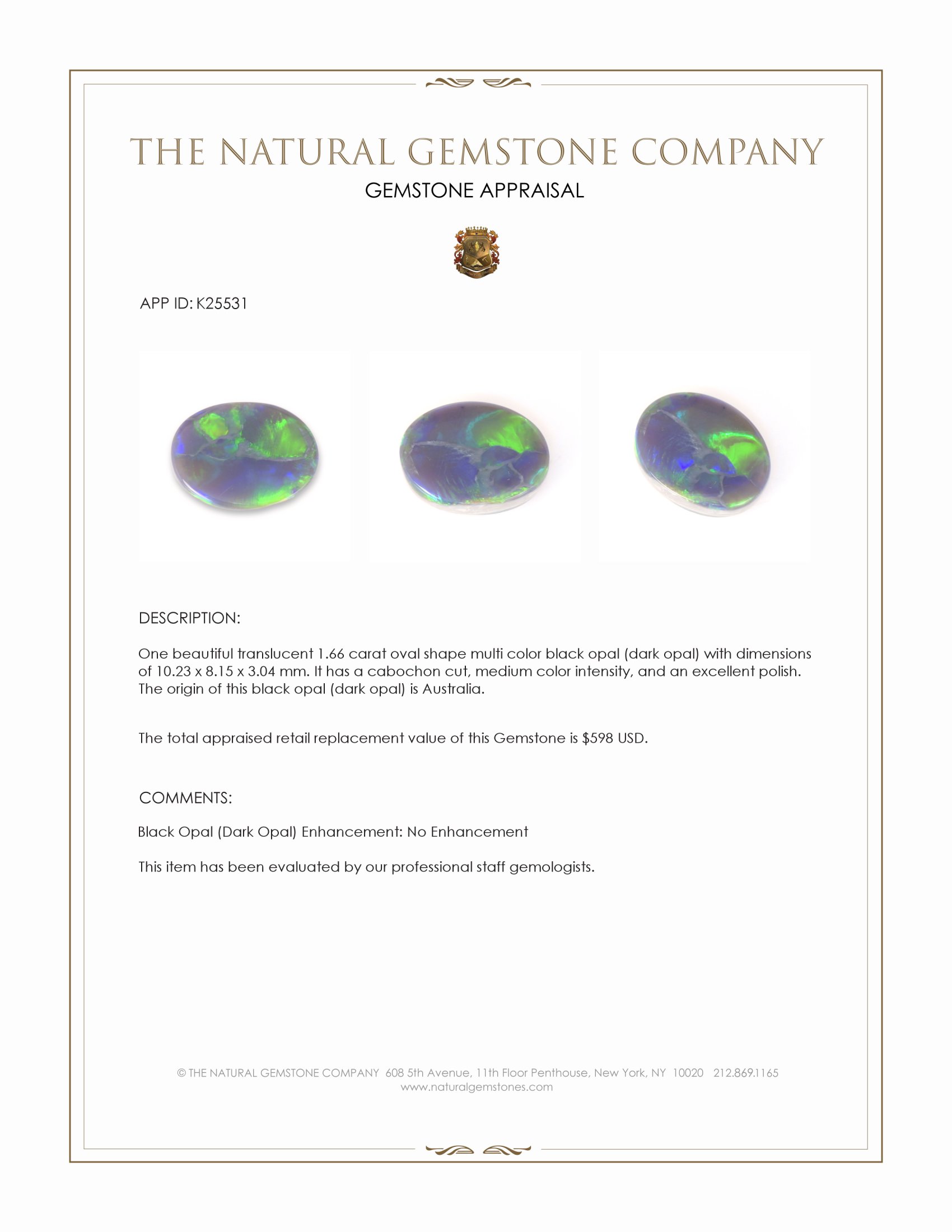 1.66 Ct. Multi Color Cabochon Black Opal (Dark Opal) from Australia
