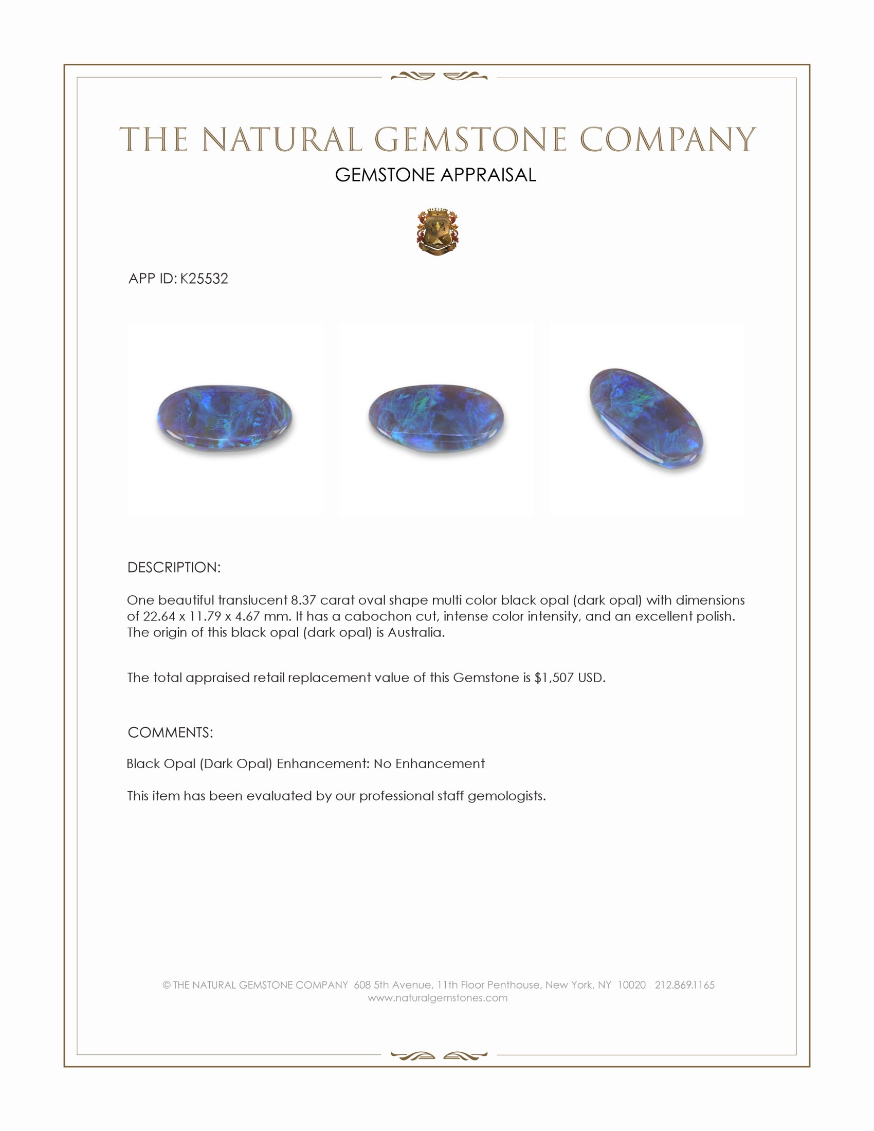 8.37 Ct. Multi Color Cabochon Black Opal (Dark Opal) from Australia
