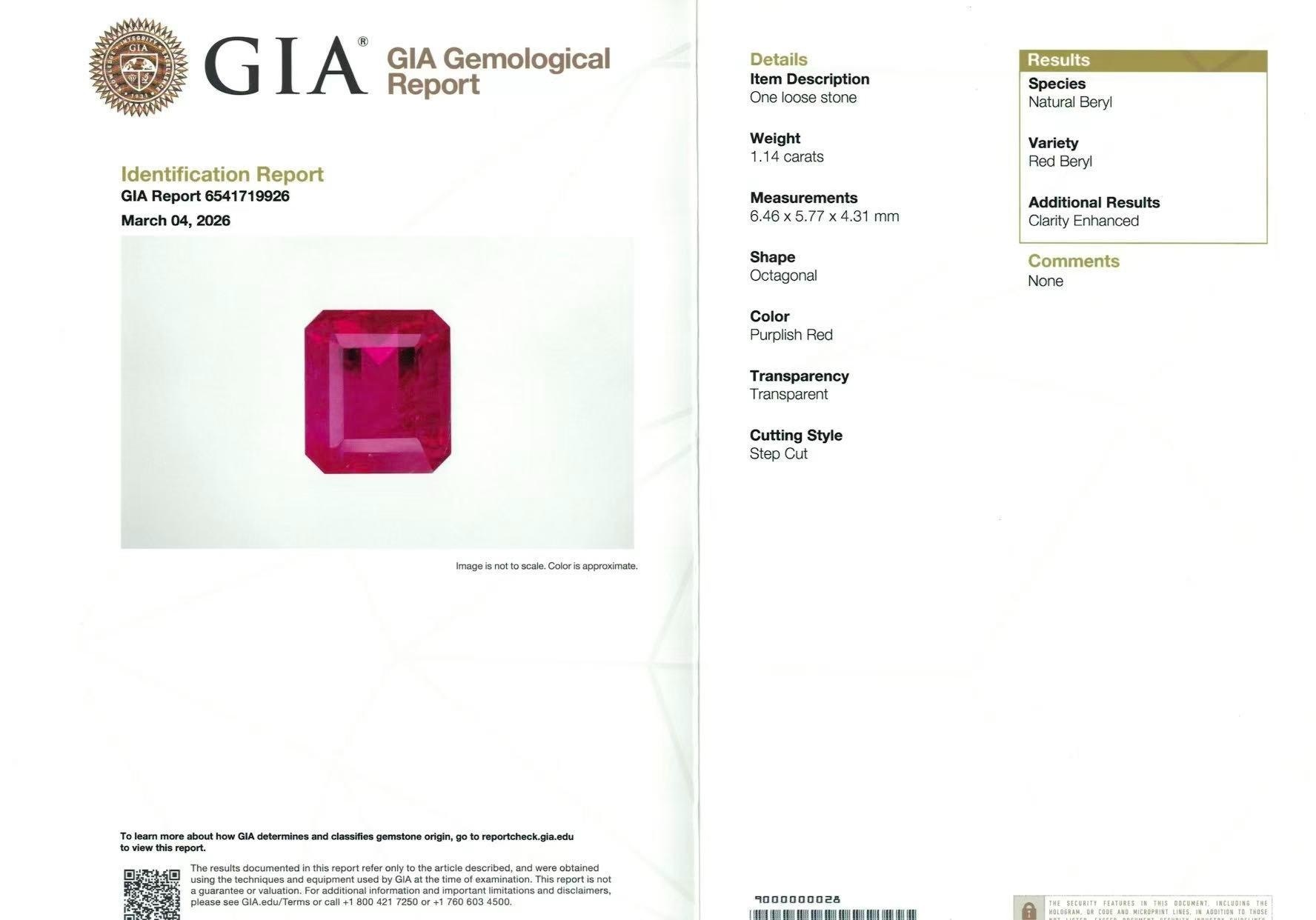 1.14 Ct. Purplish Red Red Beryl from United States
