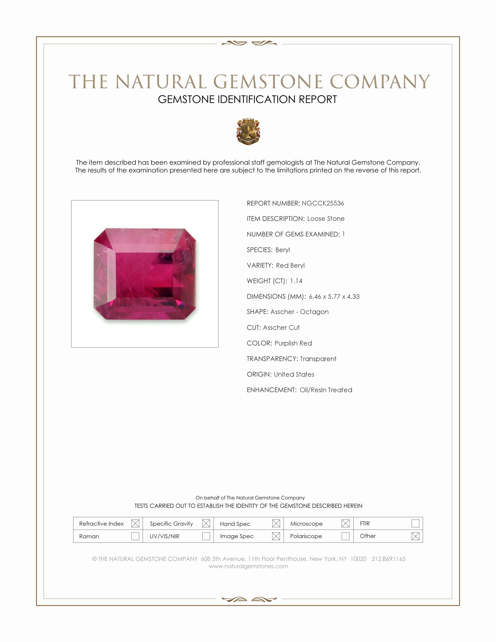 1.14 Ct. Purplish Red Red Beryl from United States