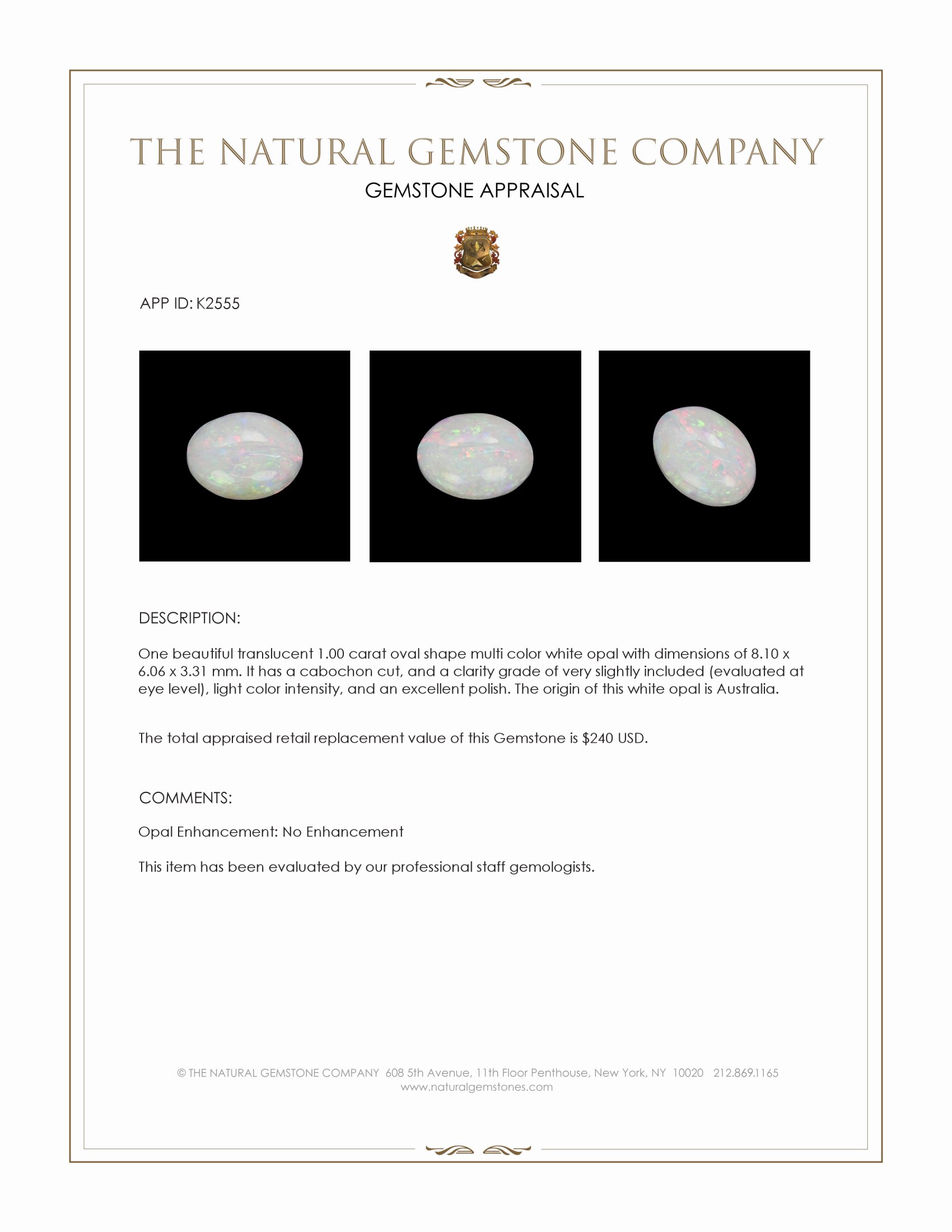 1.00 Ct. Cabochon White Opal from Australia