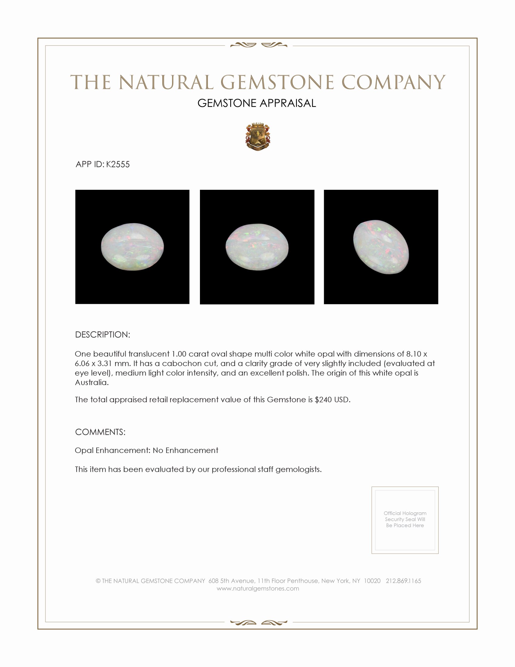 1.00 Ct. Cabochon White Opal from Australia