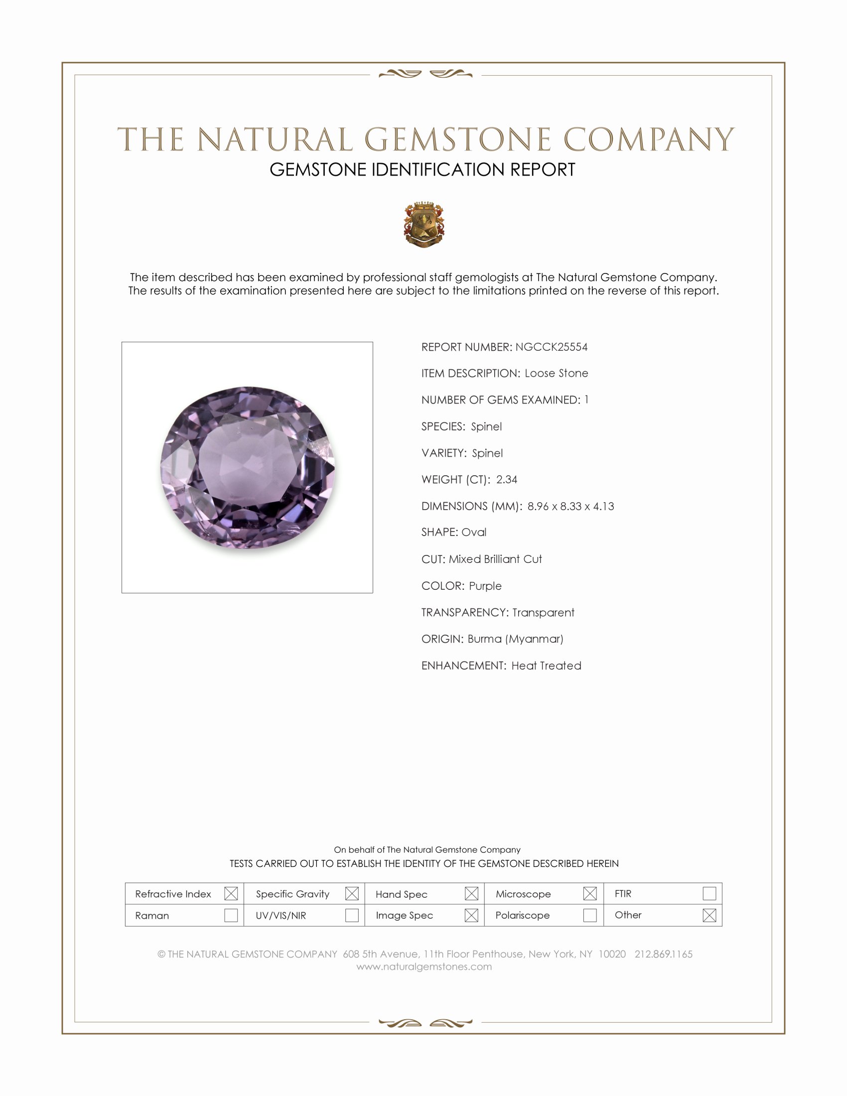 2.34 Ct. Purple Spinel from Burma (Myanmar)