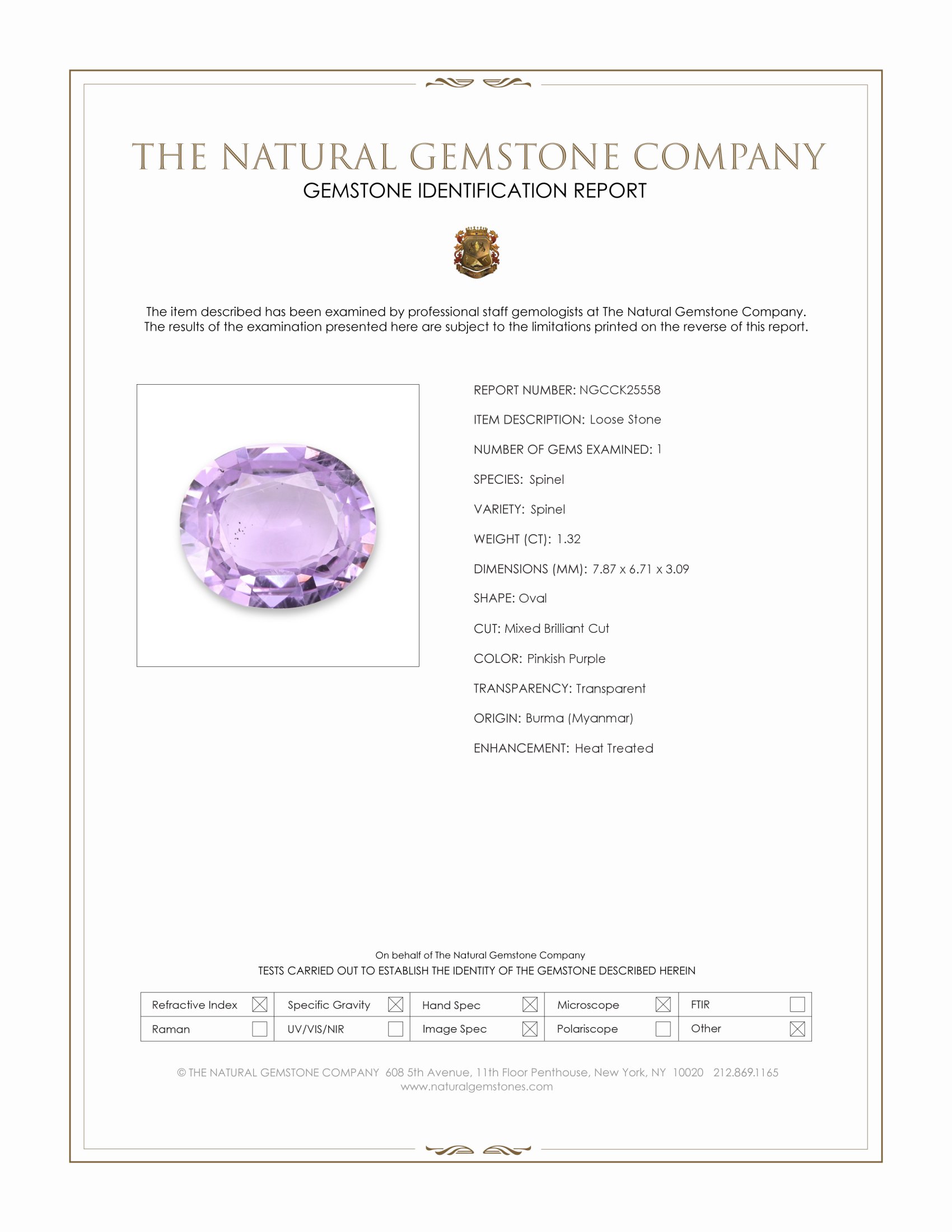 1.32 Ct. Pinkish Purple Spinel from Burma (Myanmar)