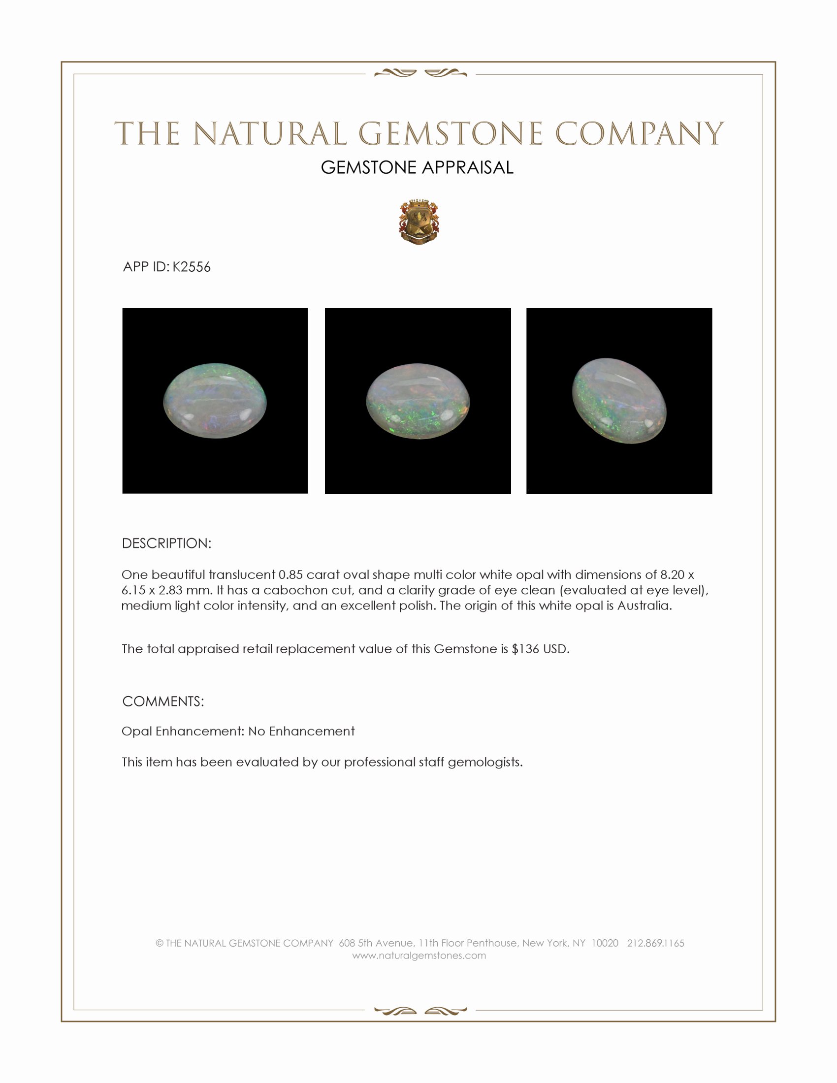 0.85 Ct. Cabochon White Opal from Australia