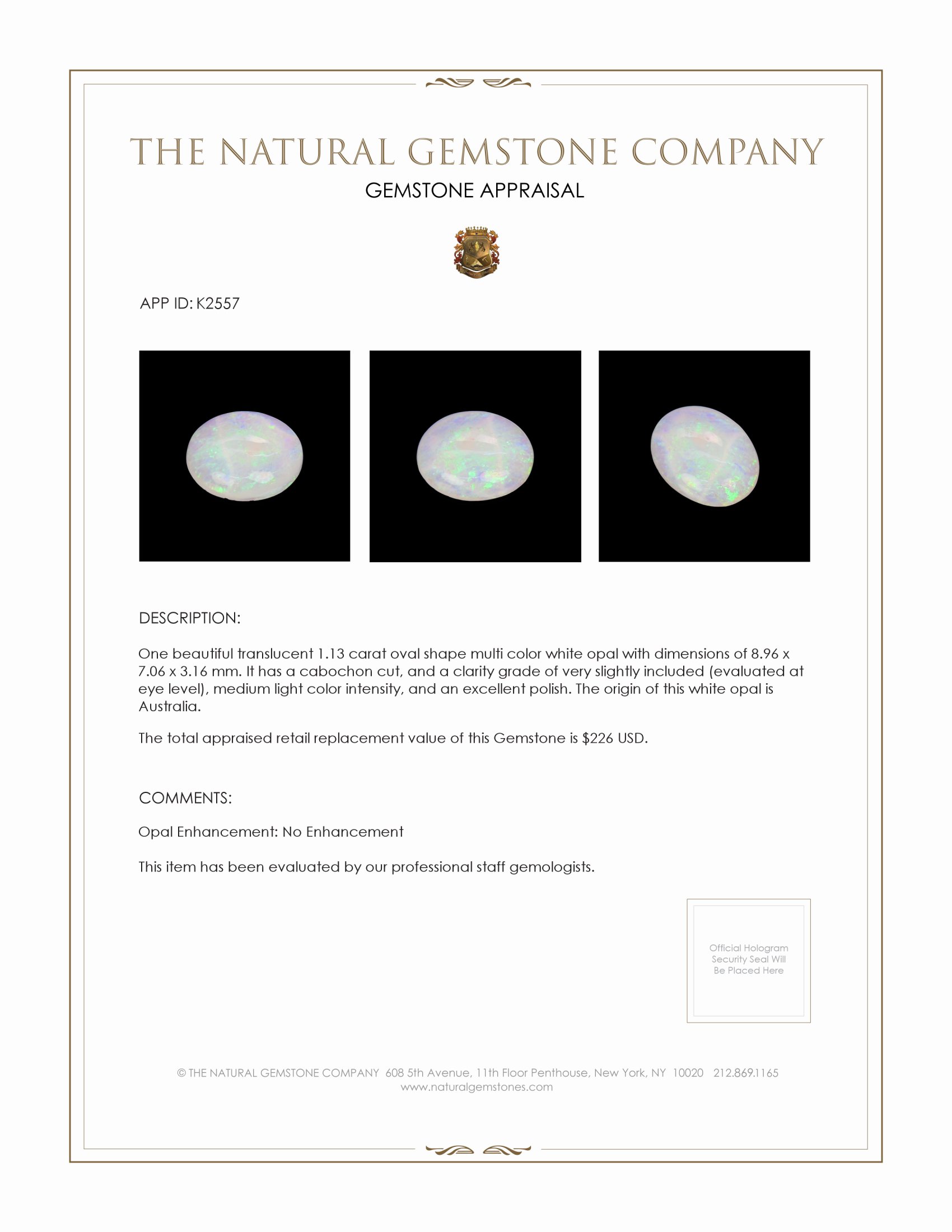 1.13 Ct. Cabochon White Opal from Australia