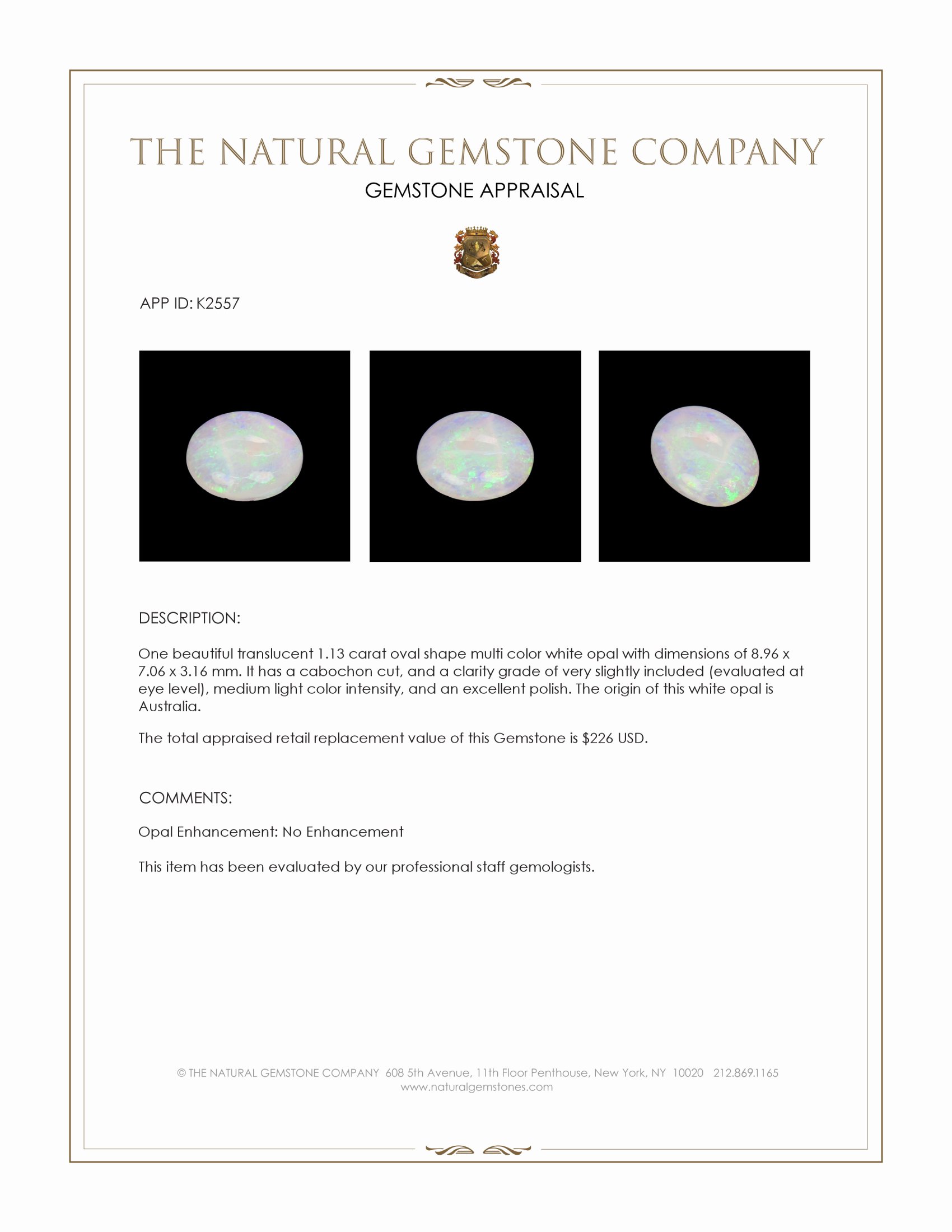 1.13 Ct. Cabochon White Opal from Australia